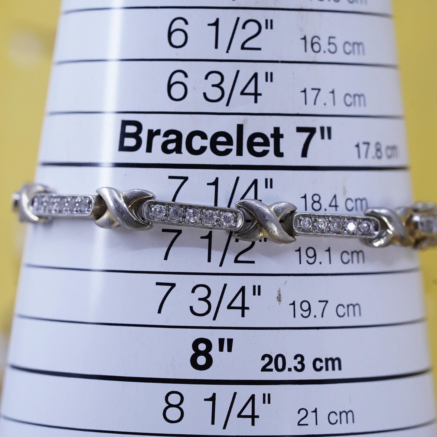 7.5”, vintage Sterling silver tennis bracelet, 925 bar link chain with cz