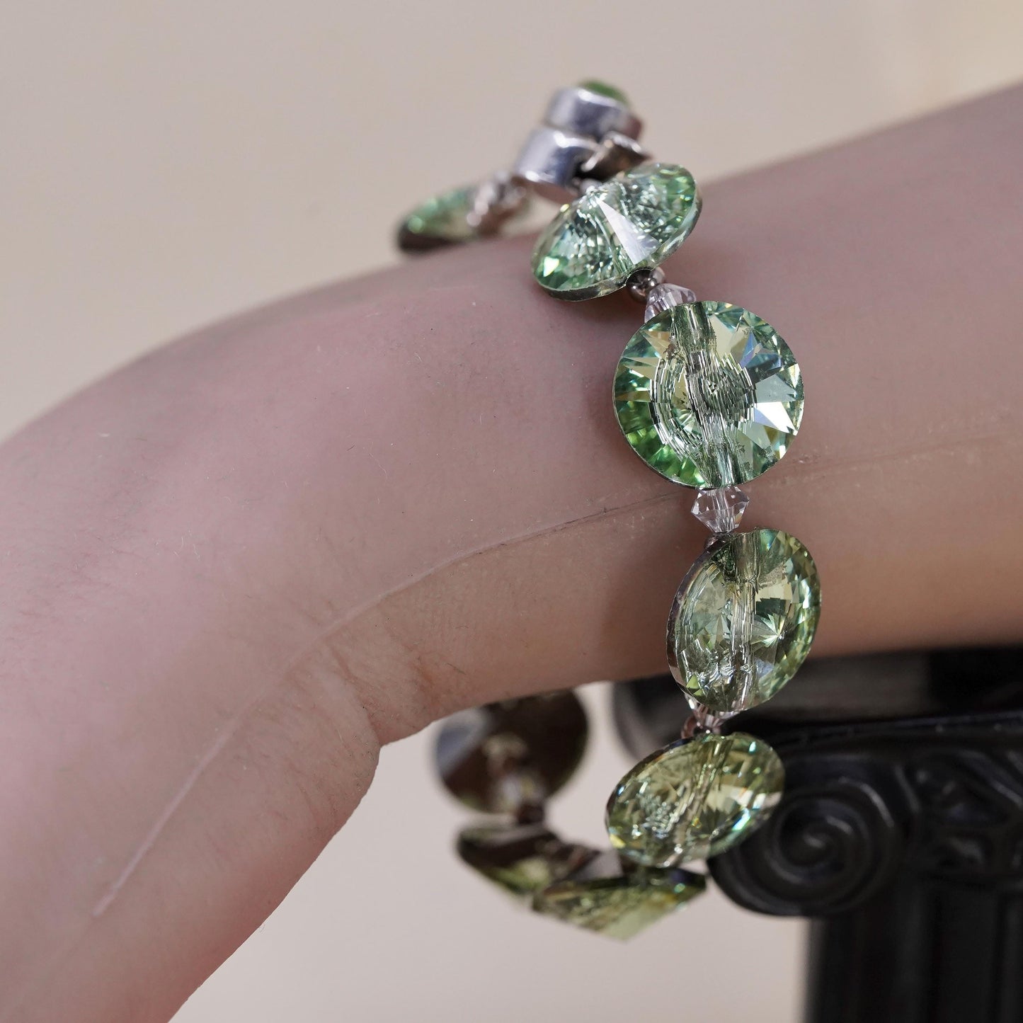 6.5", VTG Crystal Bracelet, Light Green Rivoli Crystal, Sterling 925 Silver