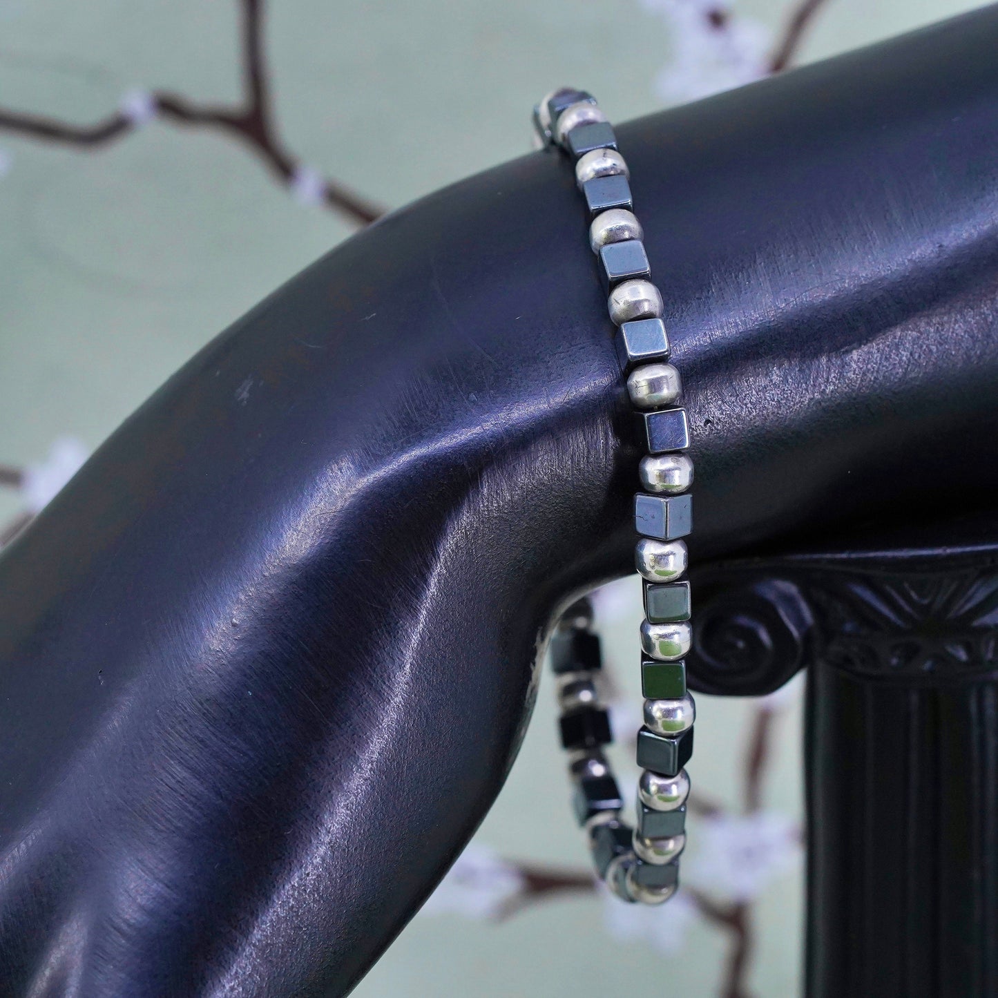 7”, Vintage handmade bracelet, hematite cubes with 925 silver beads chain