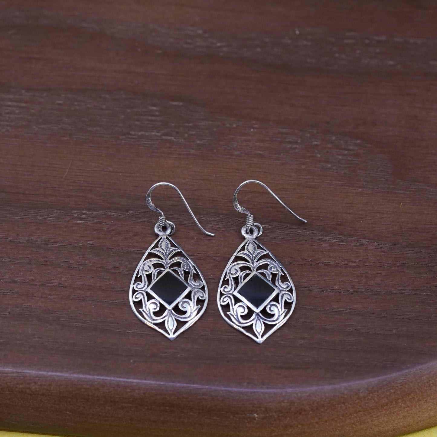 Vintage Sterling silver handmade earrings, 925 filigree dangle with onyx inlay