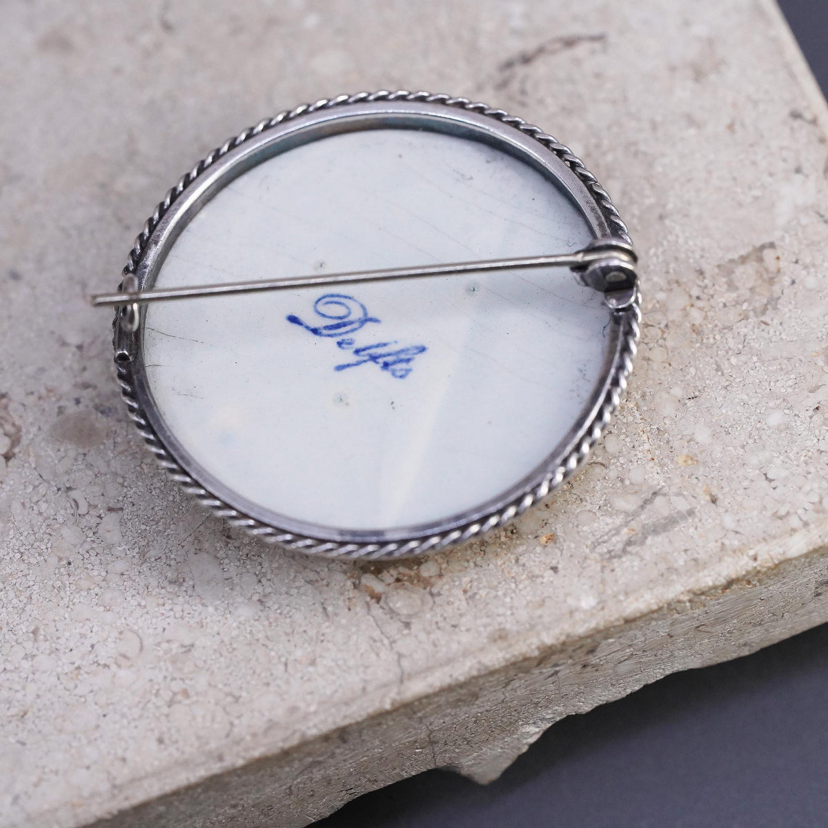 Delft Blue Porcelain Floral Brooch Sterling 925 Silver Hand Painted Dutch Pin