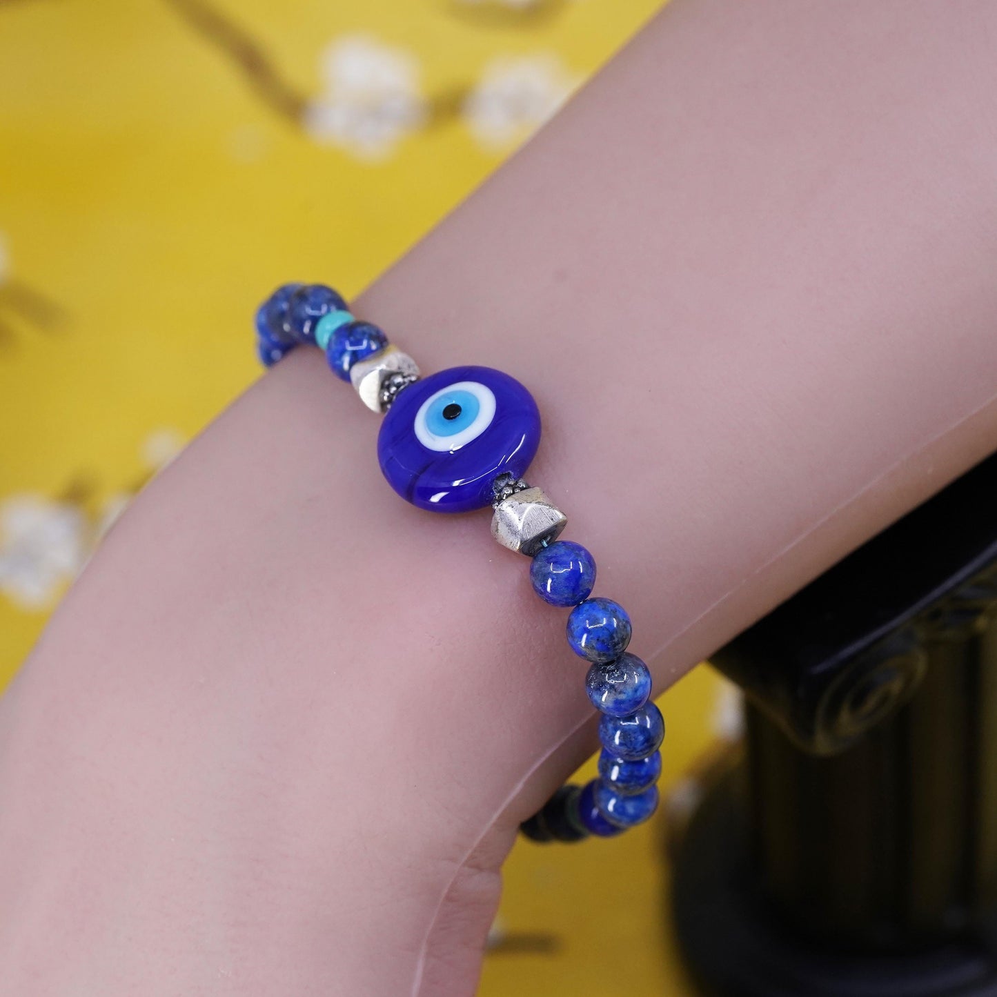 6.75", vintage sterling silver bracelet with blue evil eye lapis lazuli beads