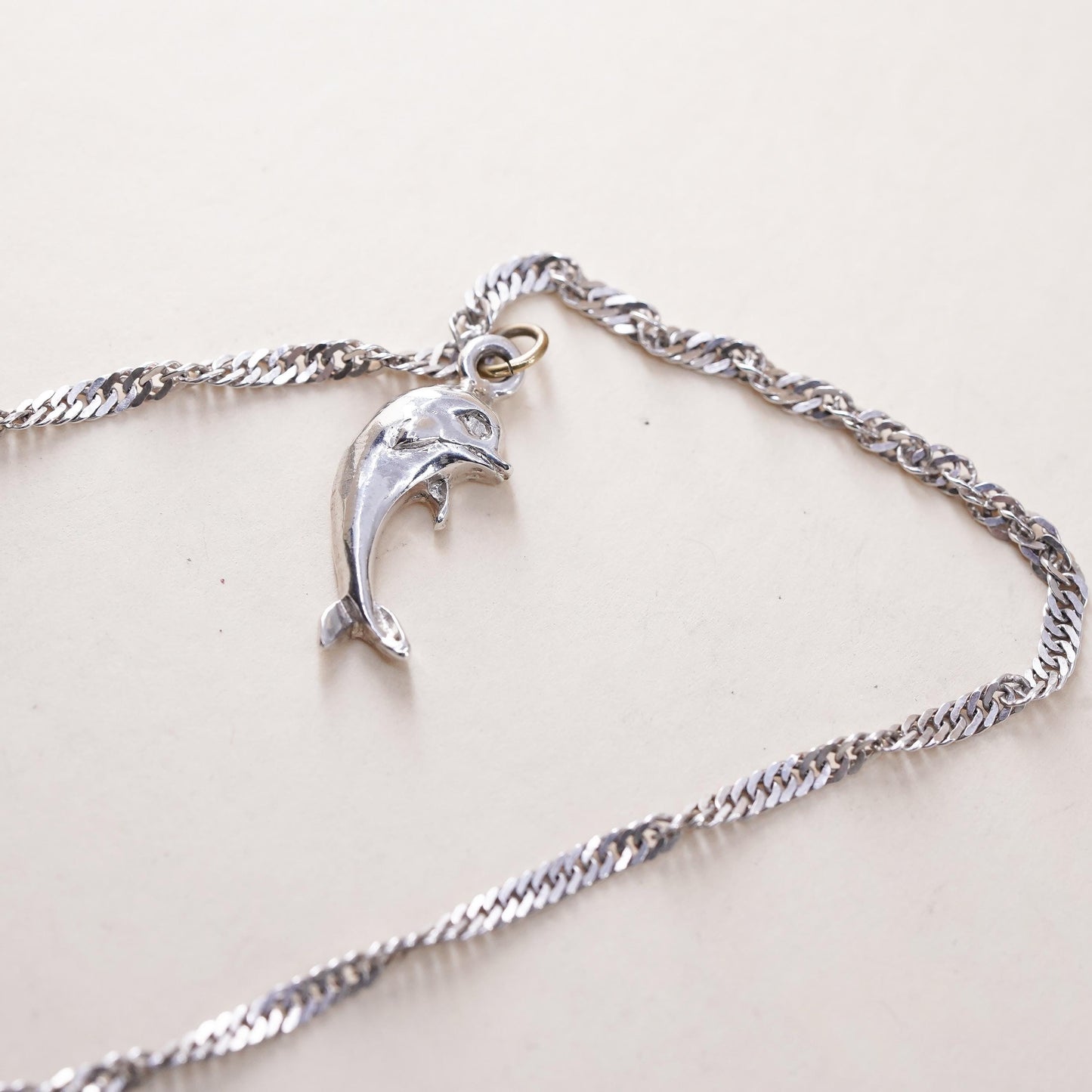 11”, sterling silver bracelet, 925 twisted herringbone anklet W/ dolphin charm