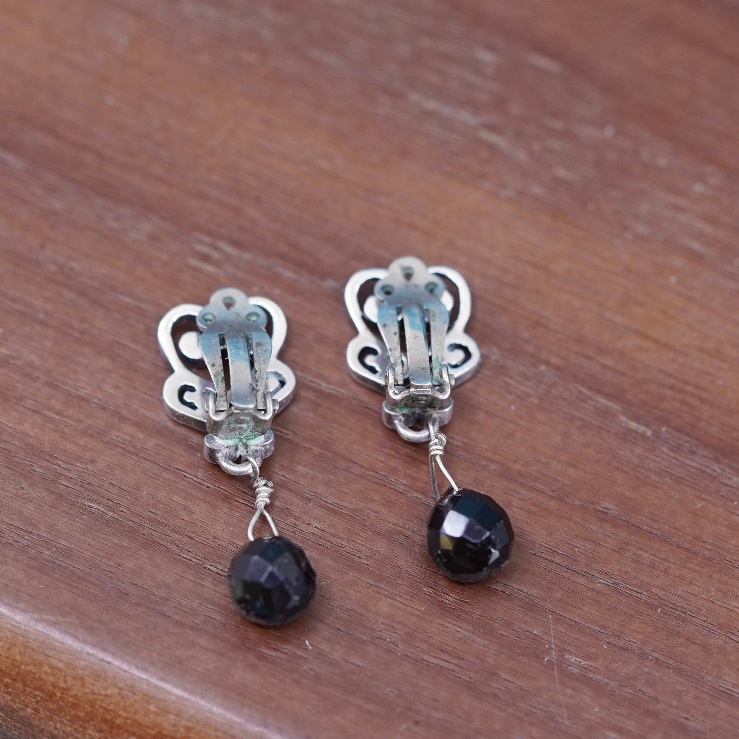Vintage Sterling silver handmade clip on, 925 swirly earrings with black onyx
