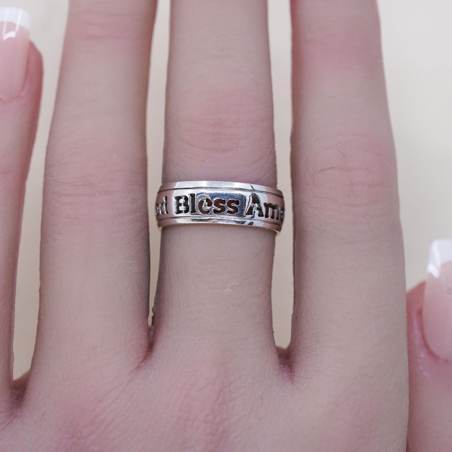 Size 7, VTG 925 Sterling Silver God Bless America Ring | Openwork Modern Band