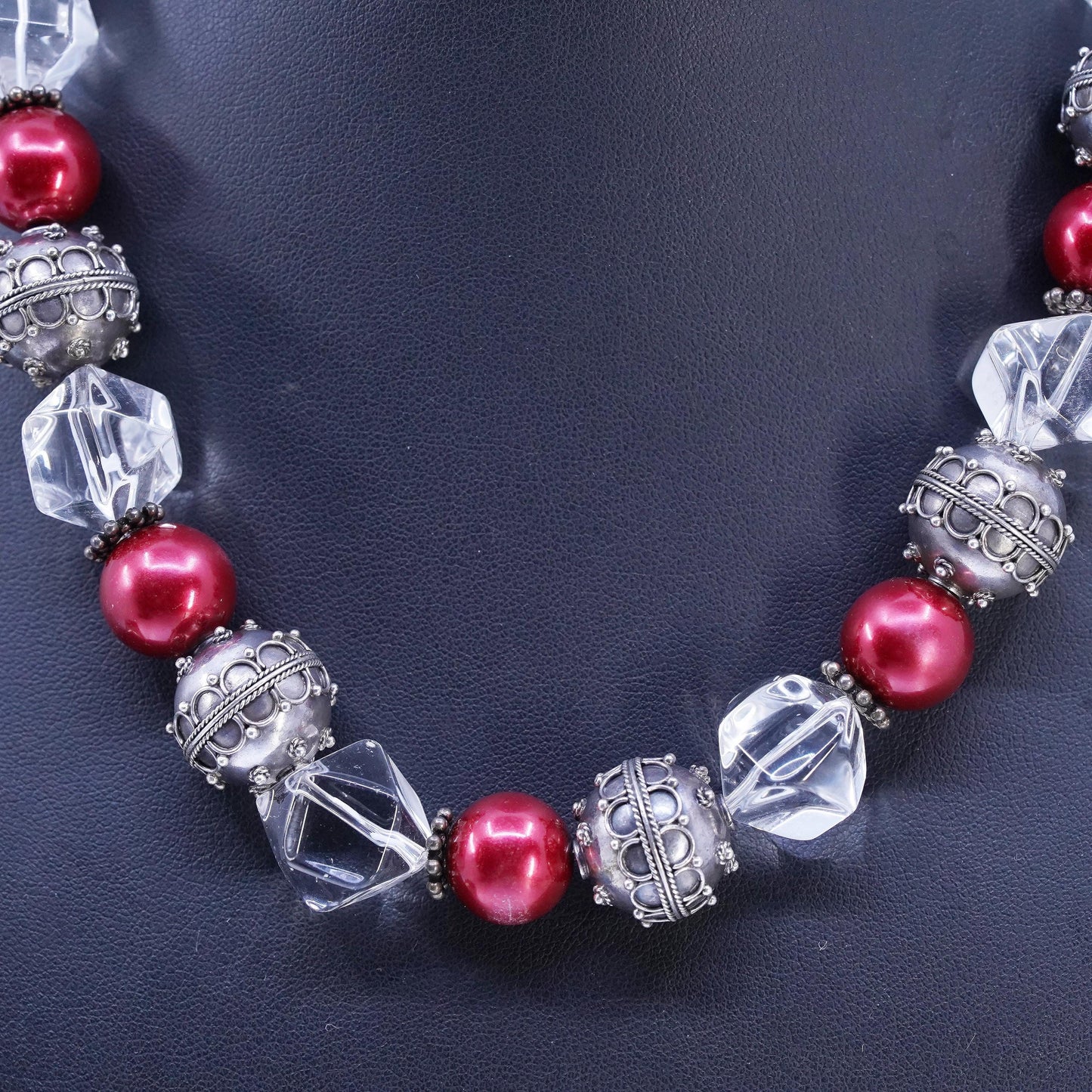 16", Sterling 925 silver chunky necklace with 17mm beads clear crystal nugget