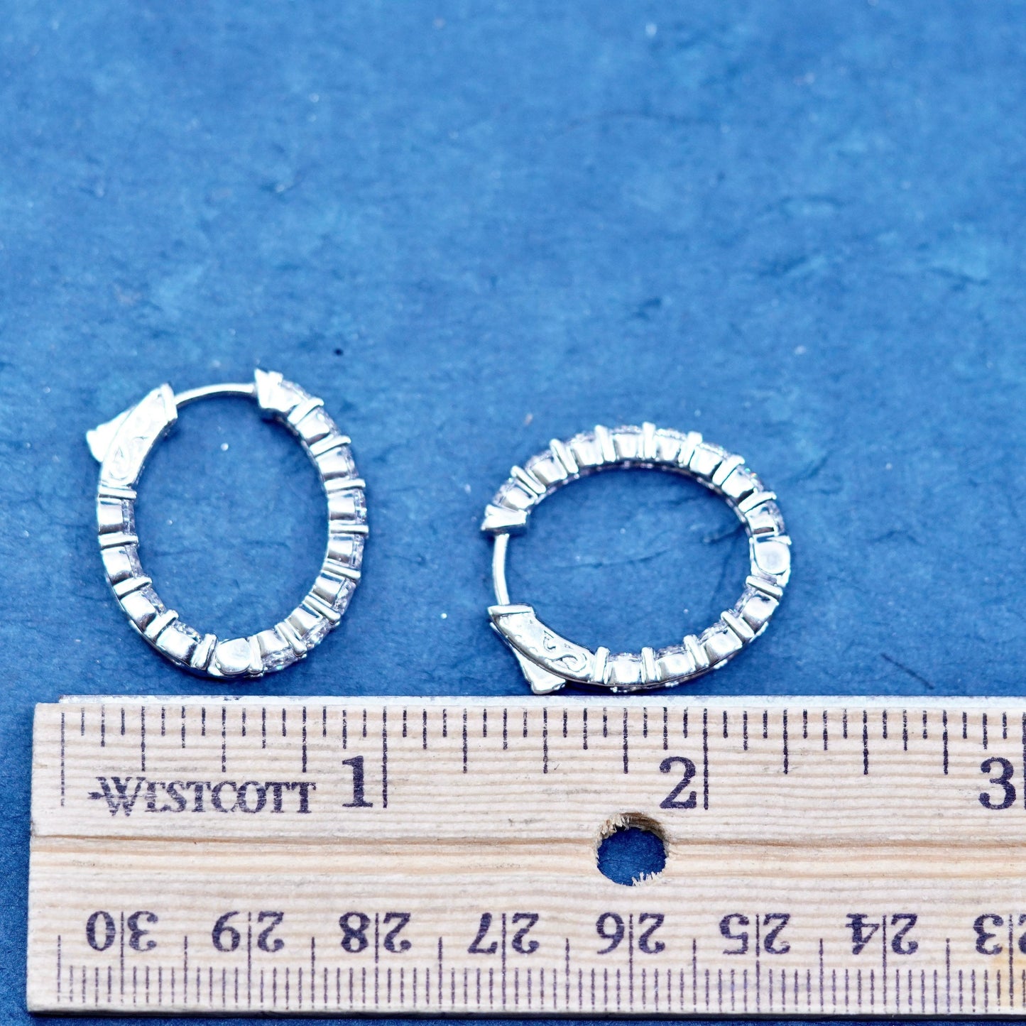 1”, Vintage Sterling silver earrings, 925 hoops, huggie with CZ inlay