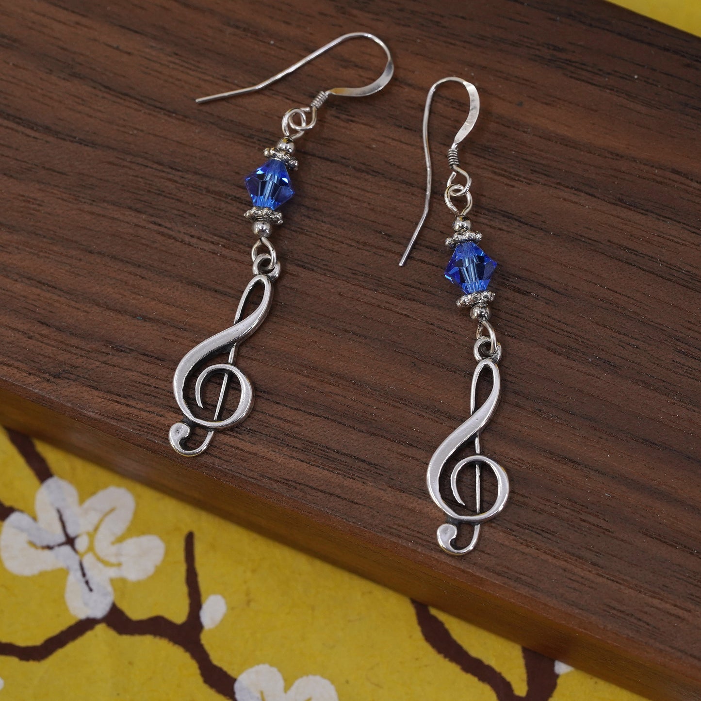 Vintage Sterling silver handmade earrings, 925 music note with blue crystal