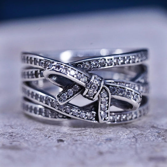 Size 6, vintage ALE sterling 925 silver entwined ring with ribbon cluster cz