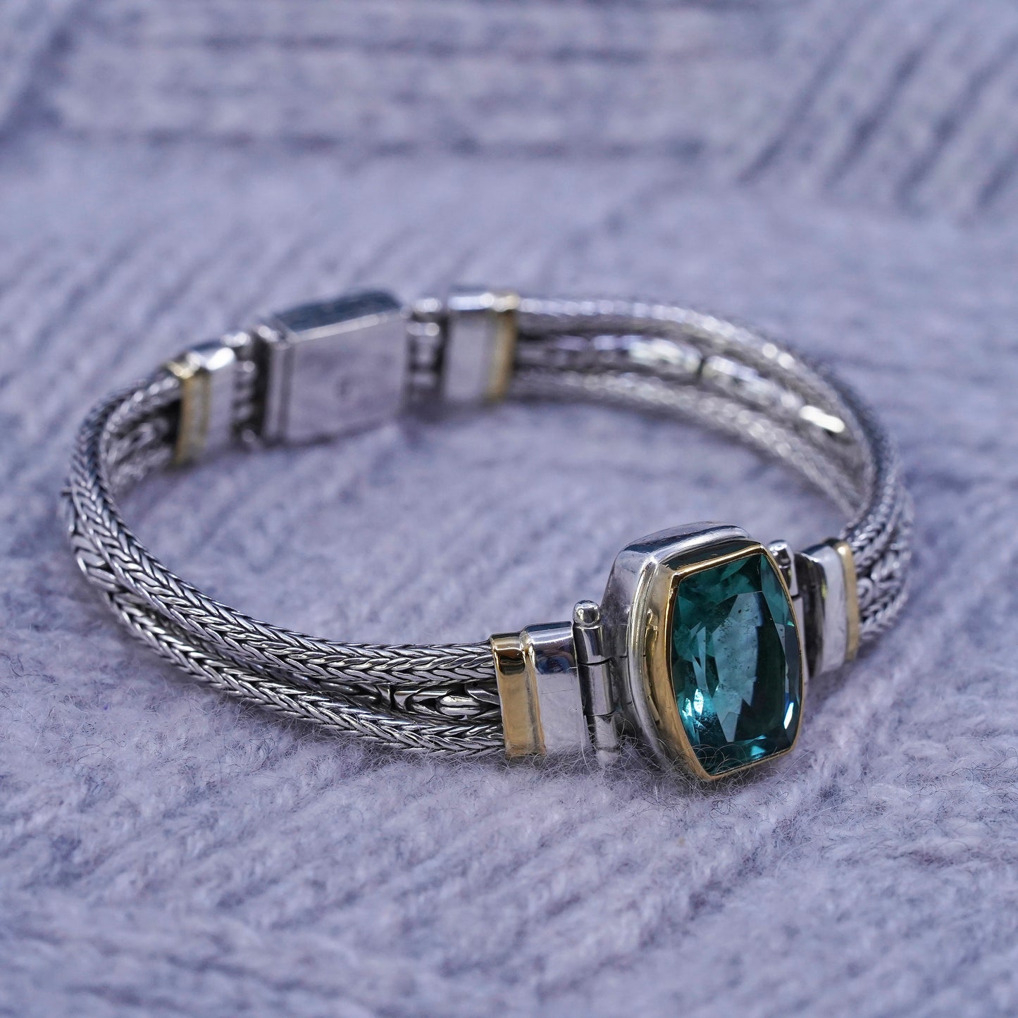 6”, Sarda Artisan Of Bali Bracelet Sterling 925 Silver 14K yellow gold accent