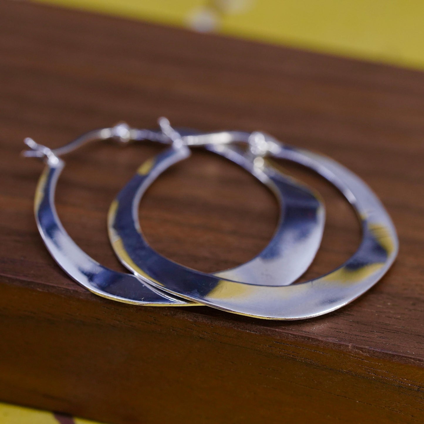 1.5", vintage Sterling silver handmade earrings, flatten wavy 925 silver hoops
