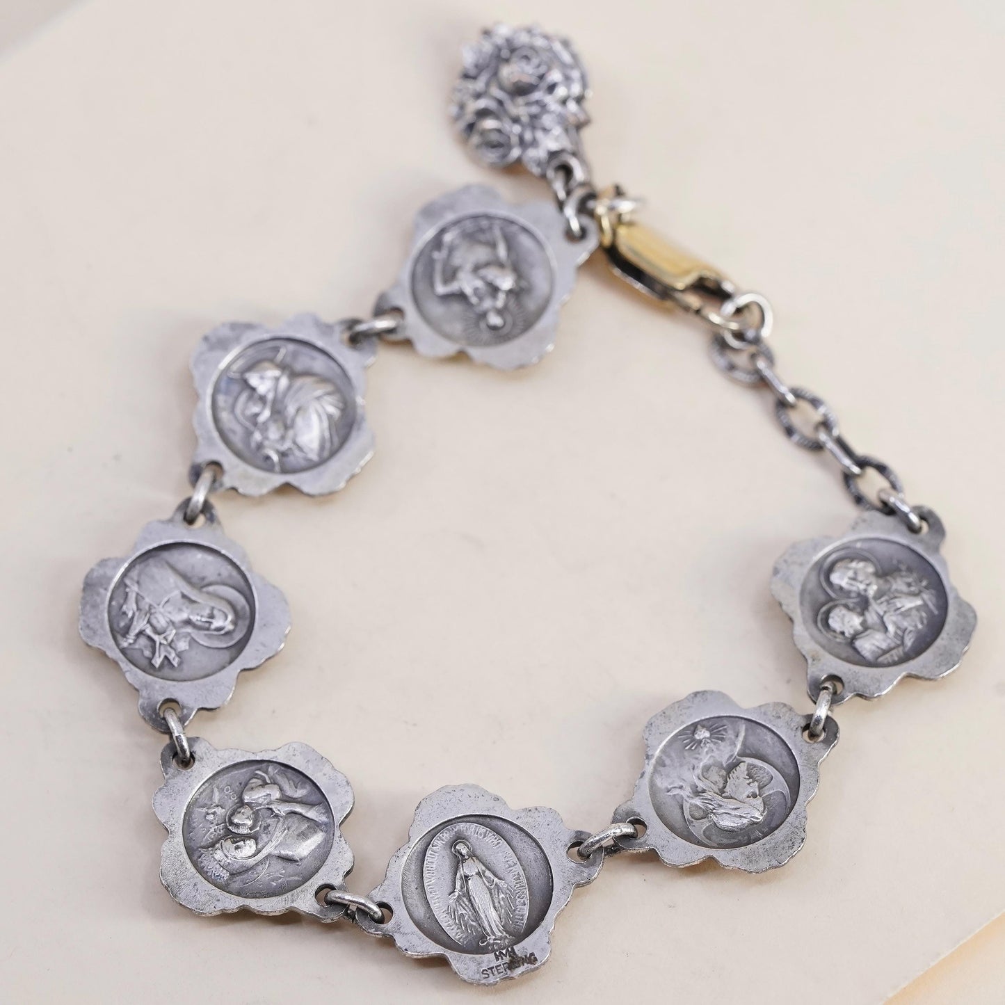 7", Sterling Silver Catholic Rosary Bracelet, Rose Religious Virgin Mary Saints