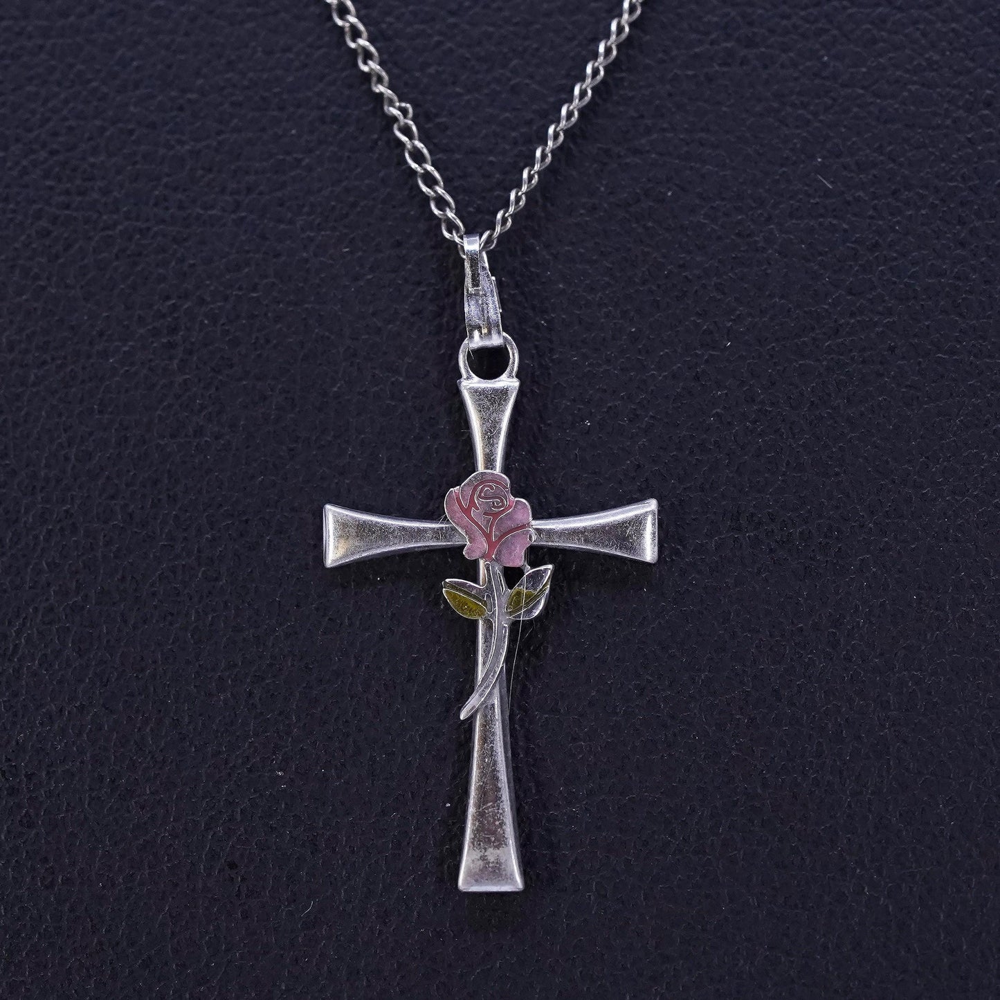 18”, vintage Sterling 925 silver circle necklace with cross pendant rose flower