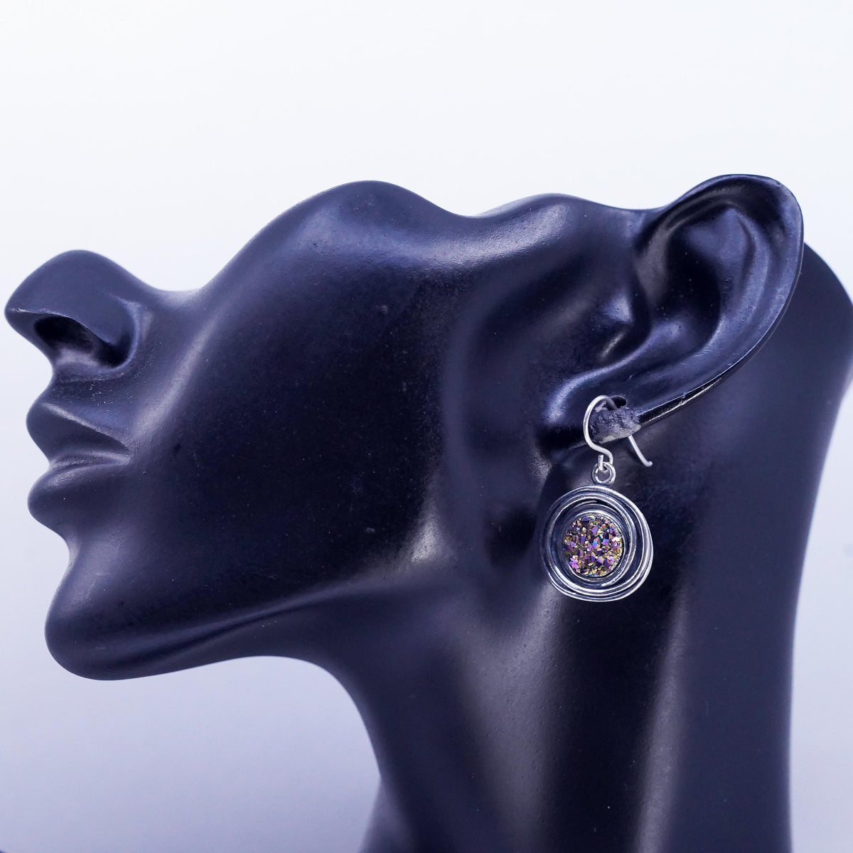 Vintage PZ Paz Israel Sterling Silver 925 disc earrings druzy rainbow pyrite