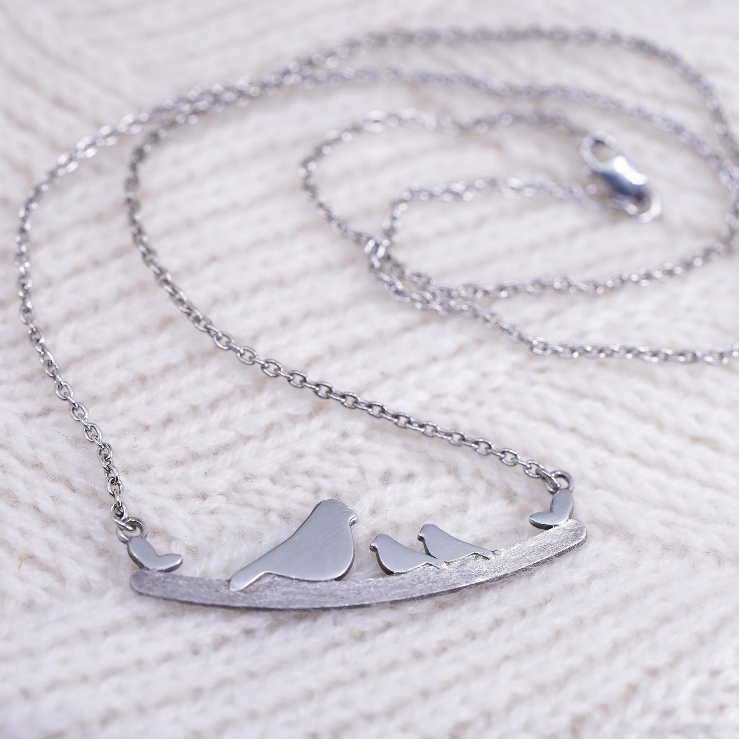 20", vintage sterling silver necklace, 925 circle chain birds on branch pendant