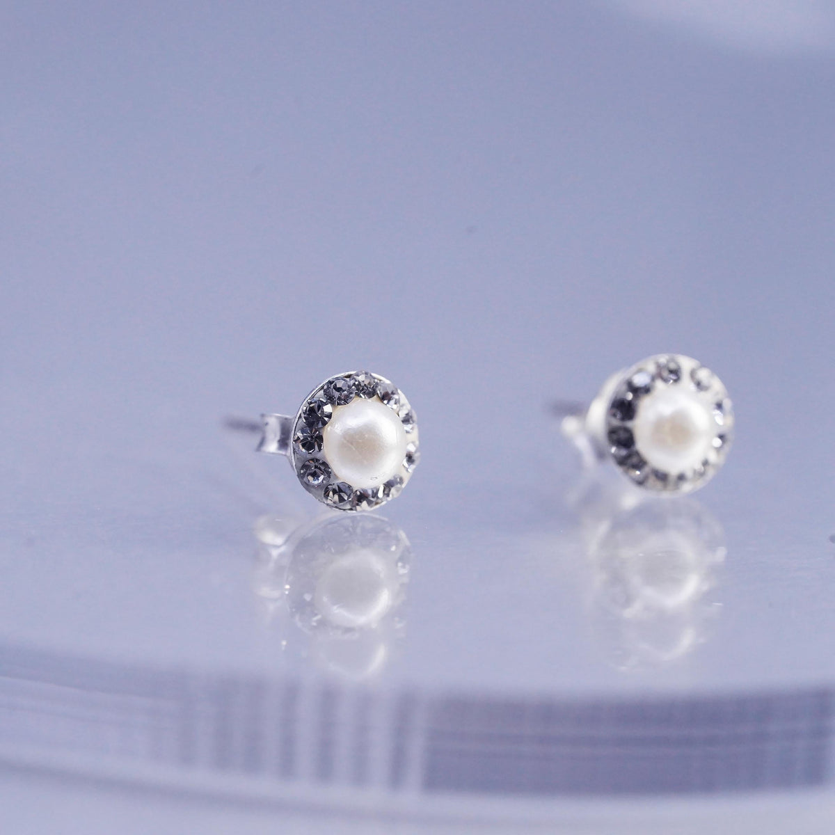 Vintage Sterling 925 silver handmade earrings, studs with pearl and cz