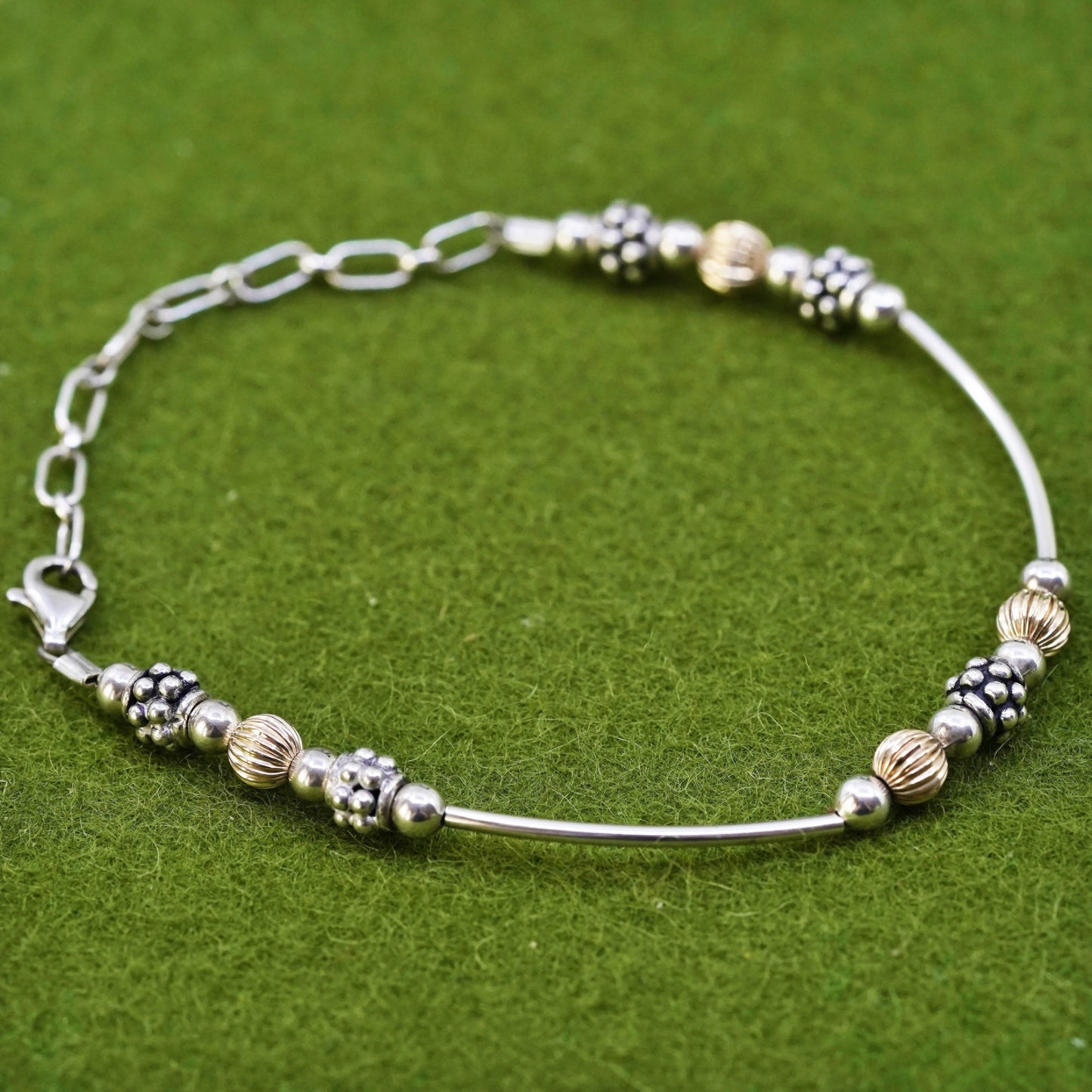 6+2”, two tone 14K yellow gold and sterling silver 925 handmade beaded bracelet