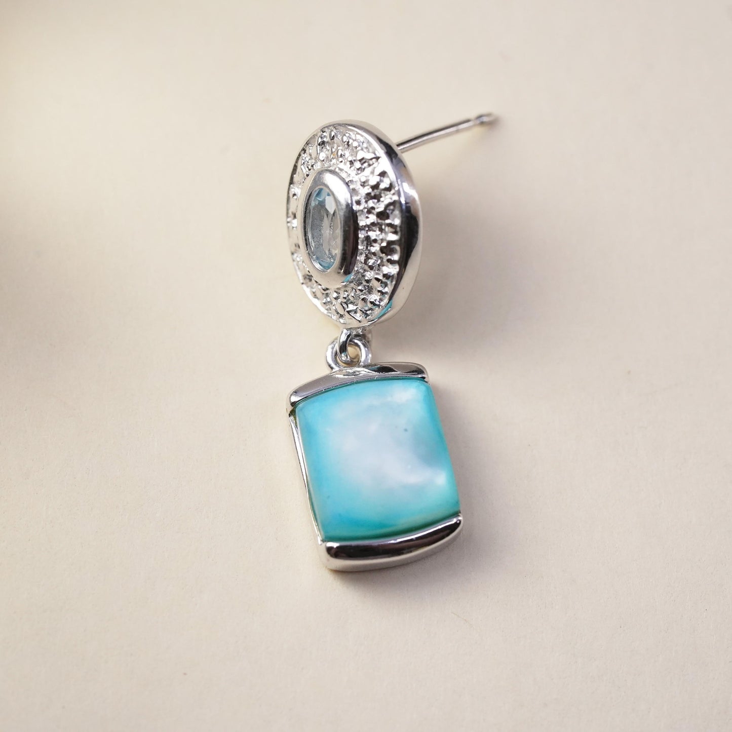 Vintage sterling 925 silver handmade single earring w/ blue mother of pearl cz