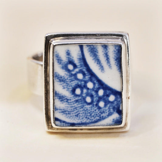 Size 7, Vintage Sterling Silver 925 Blue Porcelain Ring, Chinese Ceramic Shard