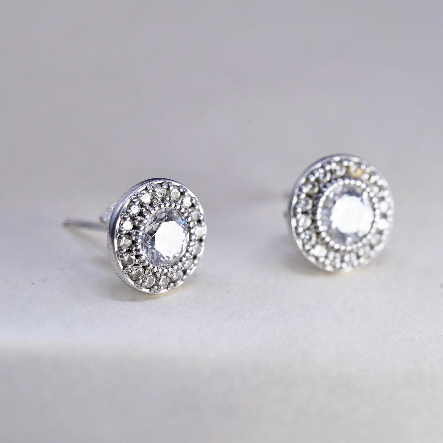 Vintage sterling silver earrings, 925 studs with cluster round cz