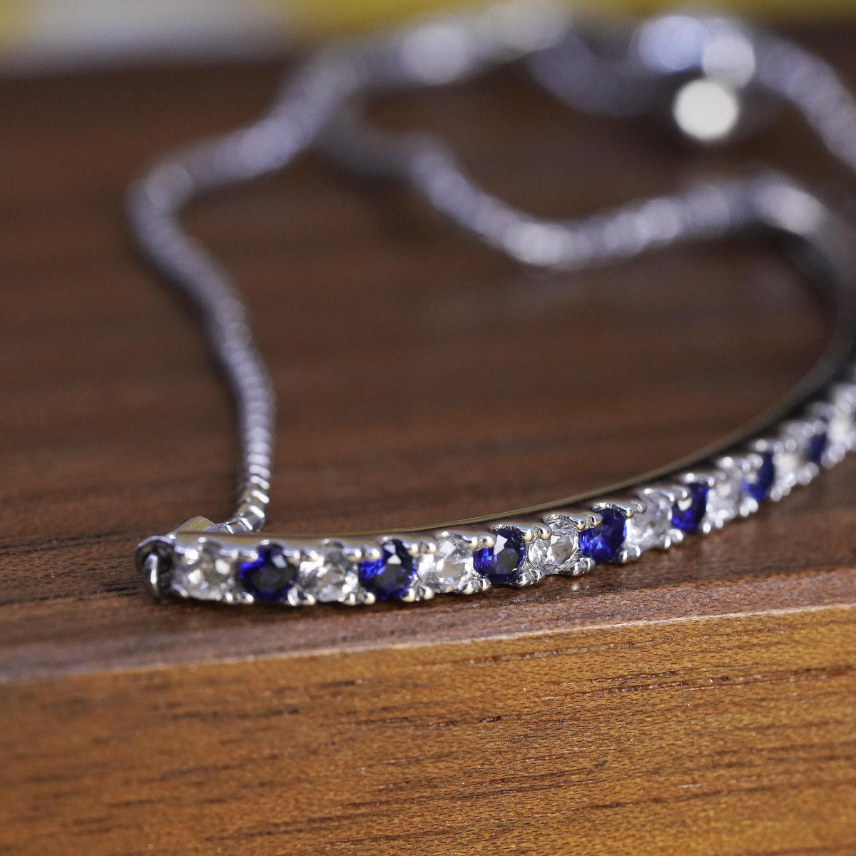 vintage PM Sterling silver bracelet, 925 box chain sapphire white topaz bar