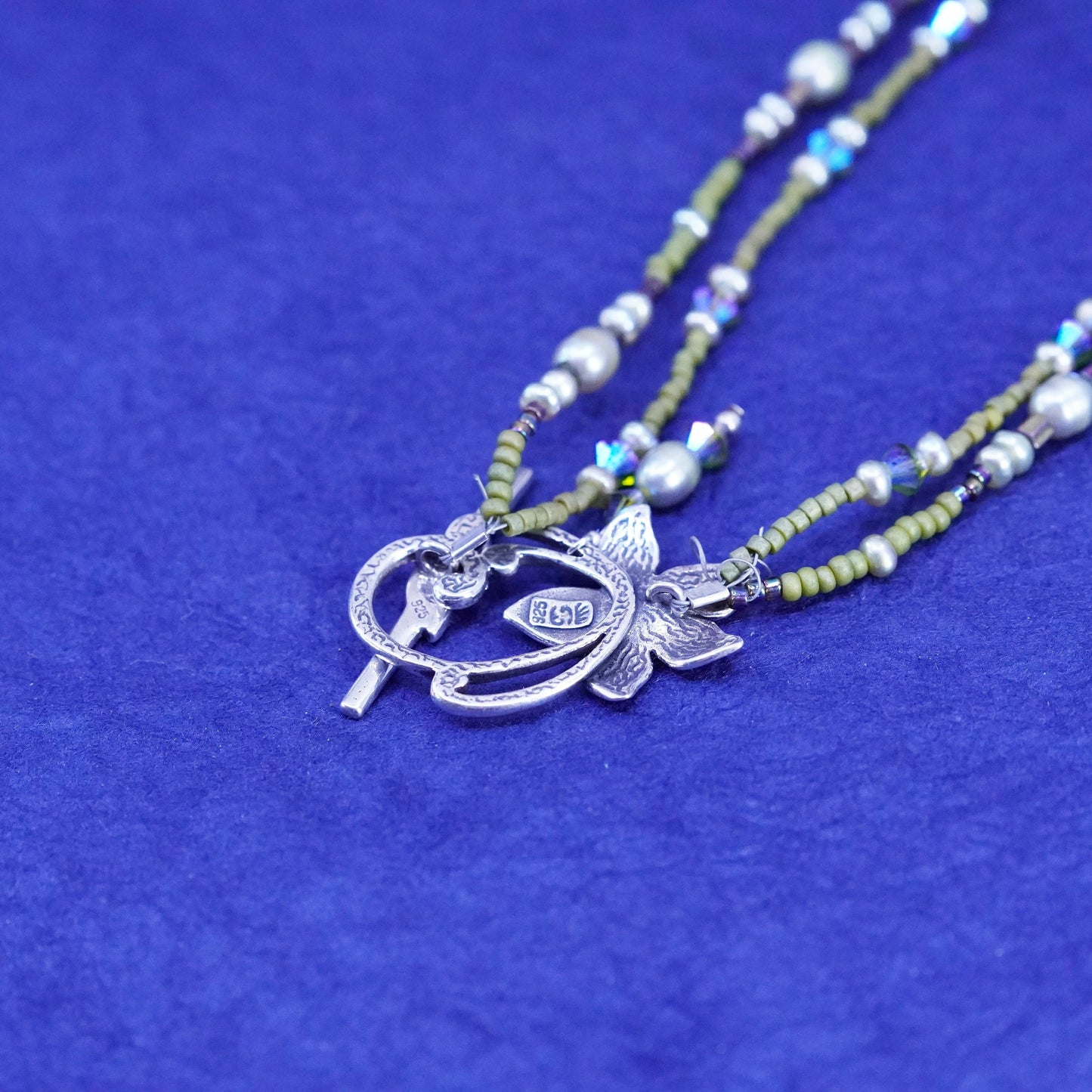 22”, Sterling silver necklace with 925 flower toggle closure chain heishi beads