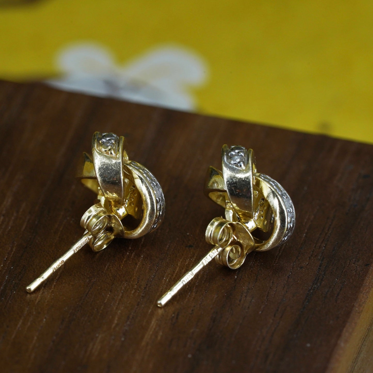 vtg vermeil gold over Sterling 925 silver entwined studs w/ diamond, earrings
