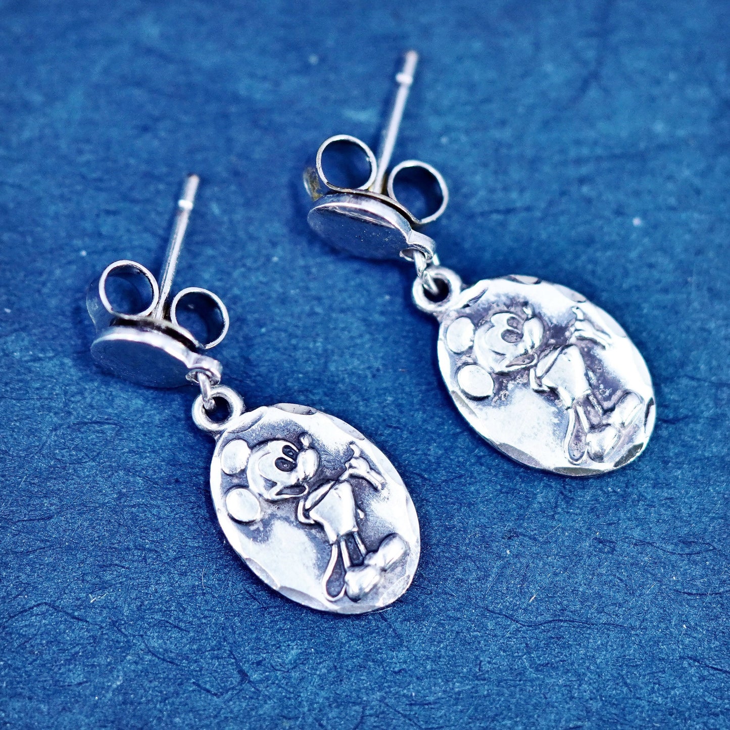 vtg disney Sterling Silver handmade Earrings. 925 disc embossed Mickey Mouse