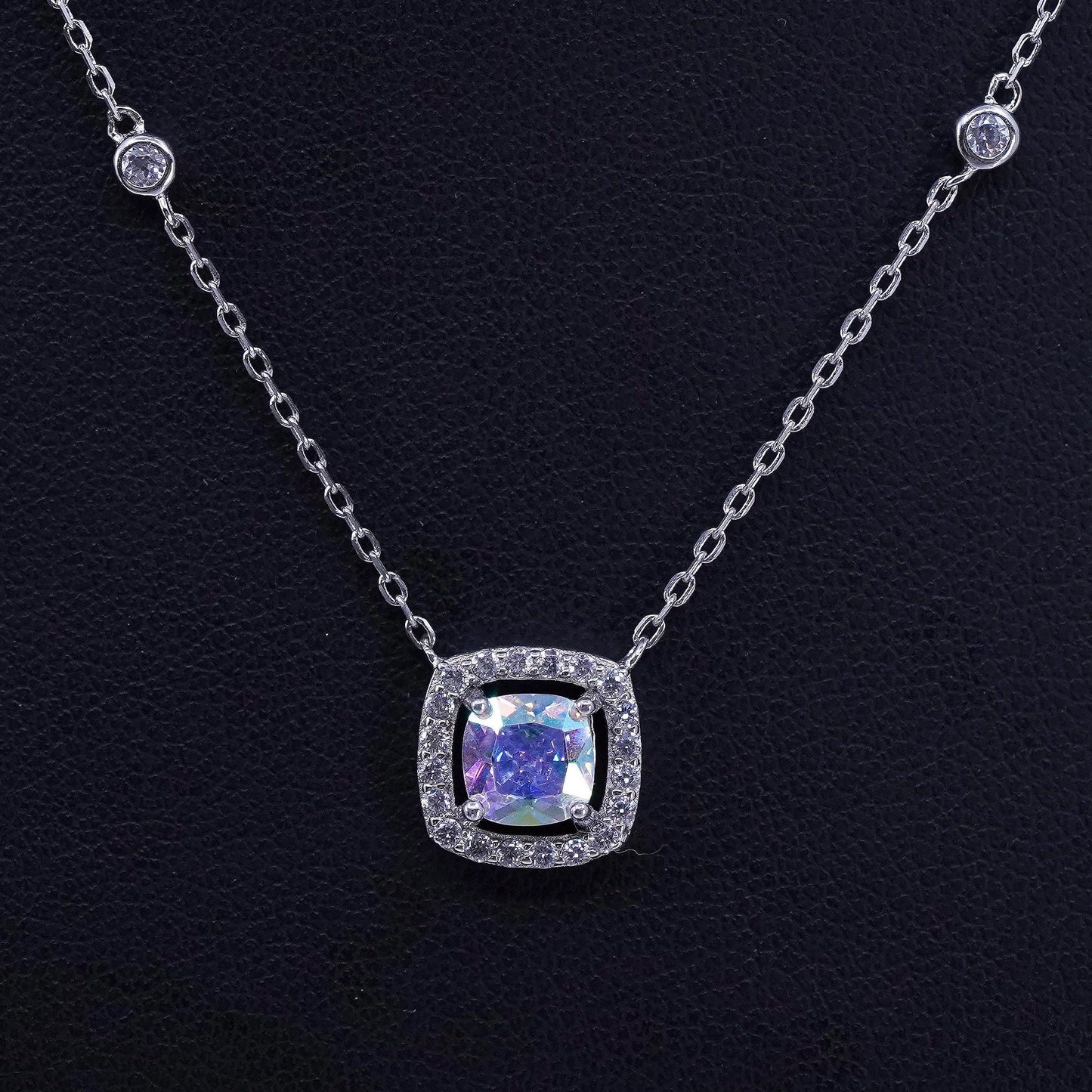 16+2”, vintage Sterling 925 silver circle necklace with cz square pendant