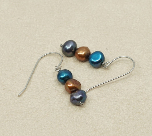 VTG Sterling 925 silver handmade earrings, genuine pearl beads dangle