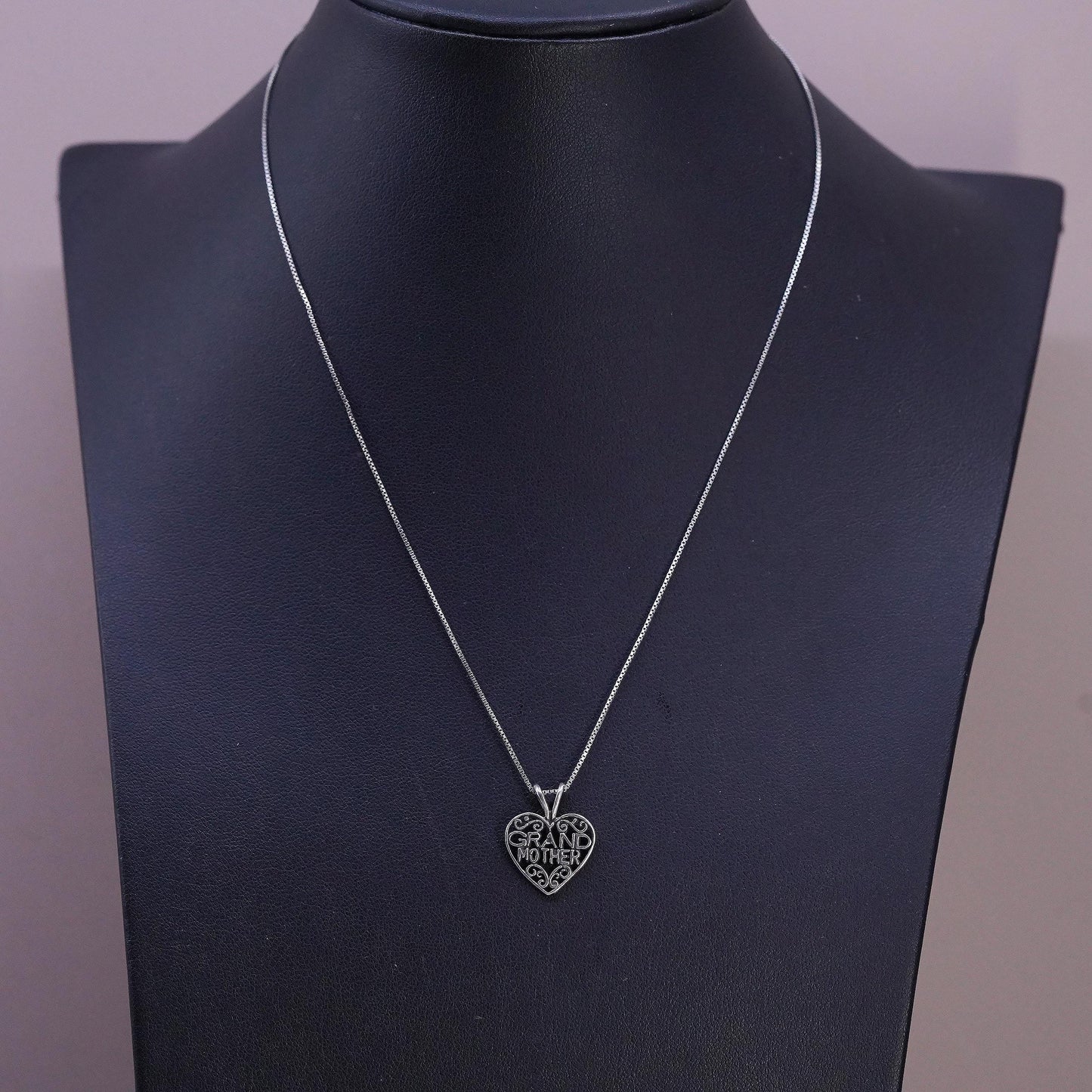 16", Vintage sterling 925 silver box chain necklace grandmother heart pendant