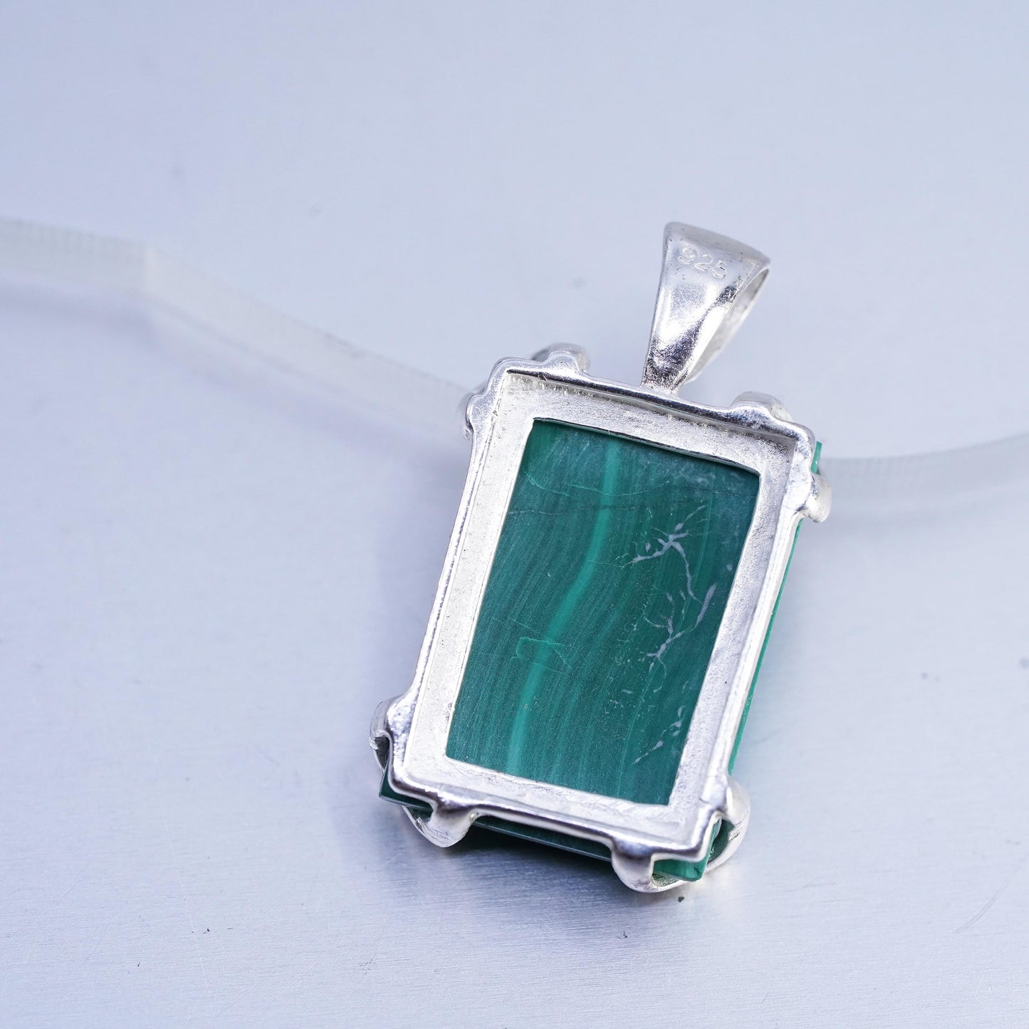 Vintage sterling 925 silver handmade rectangular pendant with malachite