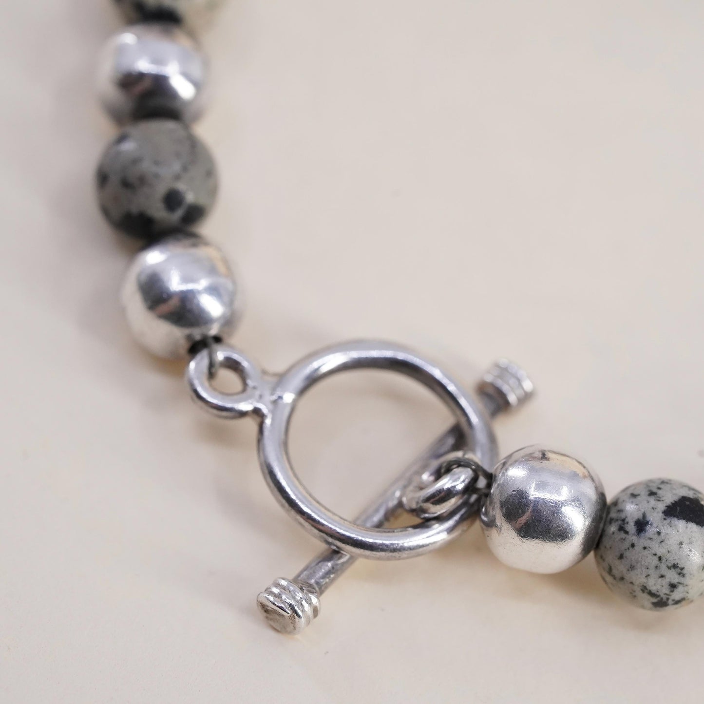 6.5”, Sterling Silver 925 Dalmatian Jasper Bead Bracelet, Spotted Jasper Beaded