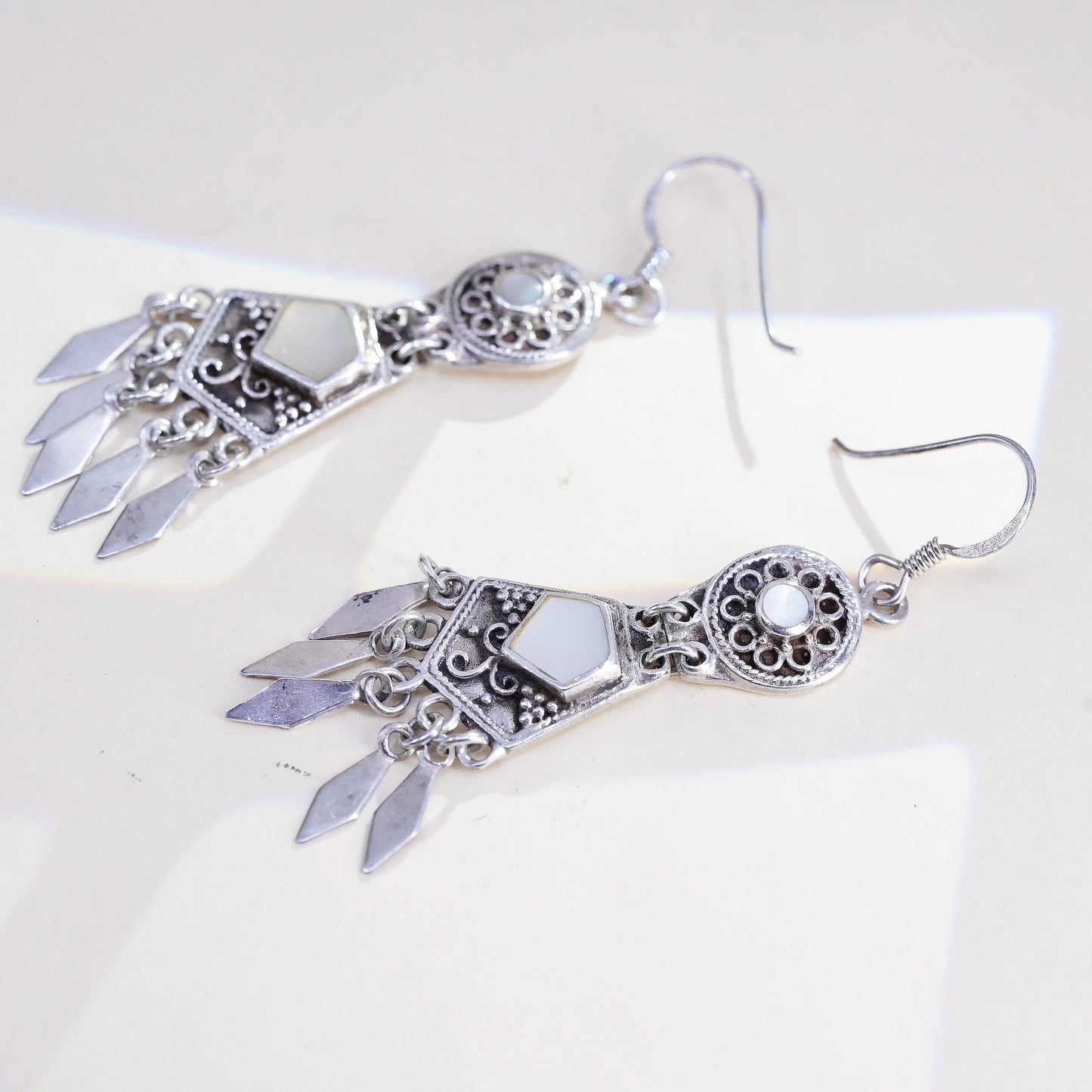 Vintage southwestern 925 Sterling silver earrings mother of pearl inlay fringes
