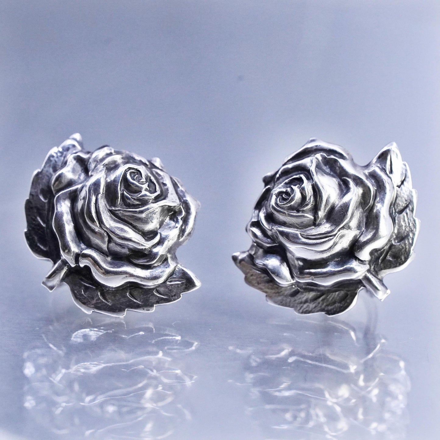 Vintage Sterling 925 silver handmade earrings, flower rose screw back flower