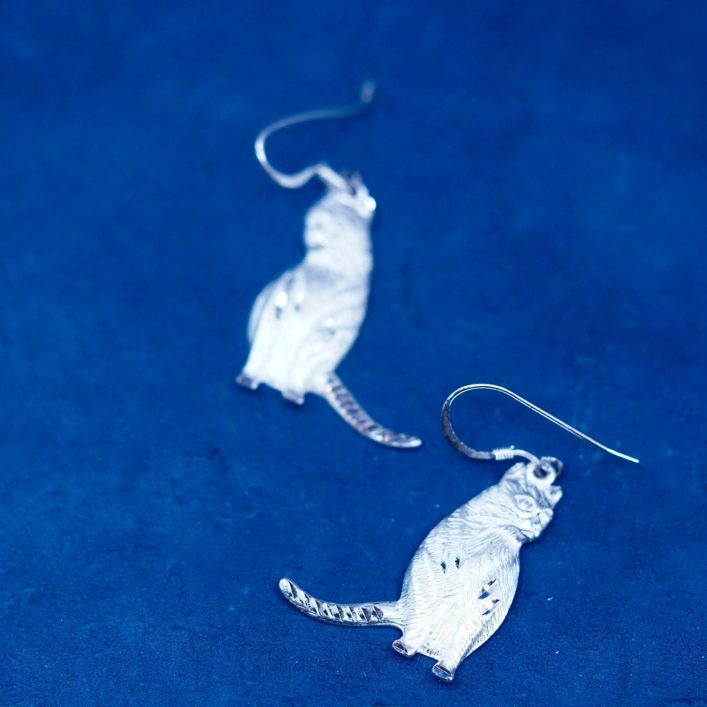 Vintage sterling silver handmade earrings, 925 kitty cat dangles