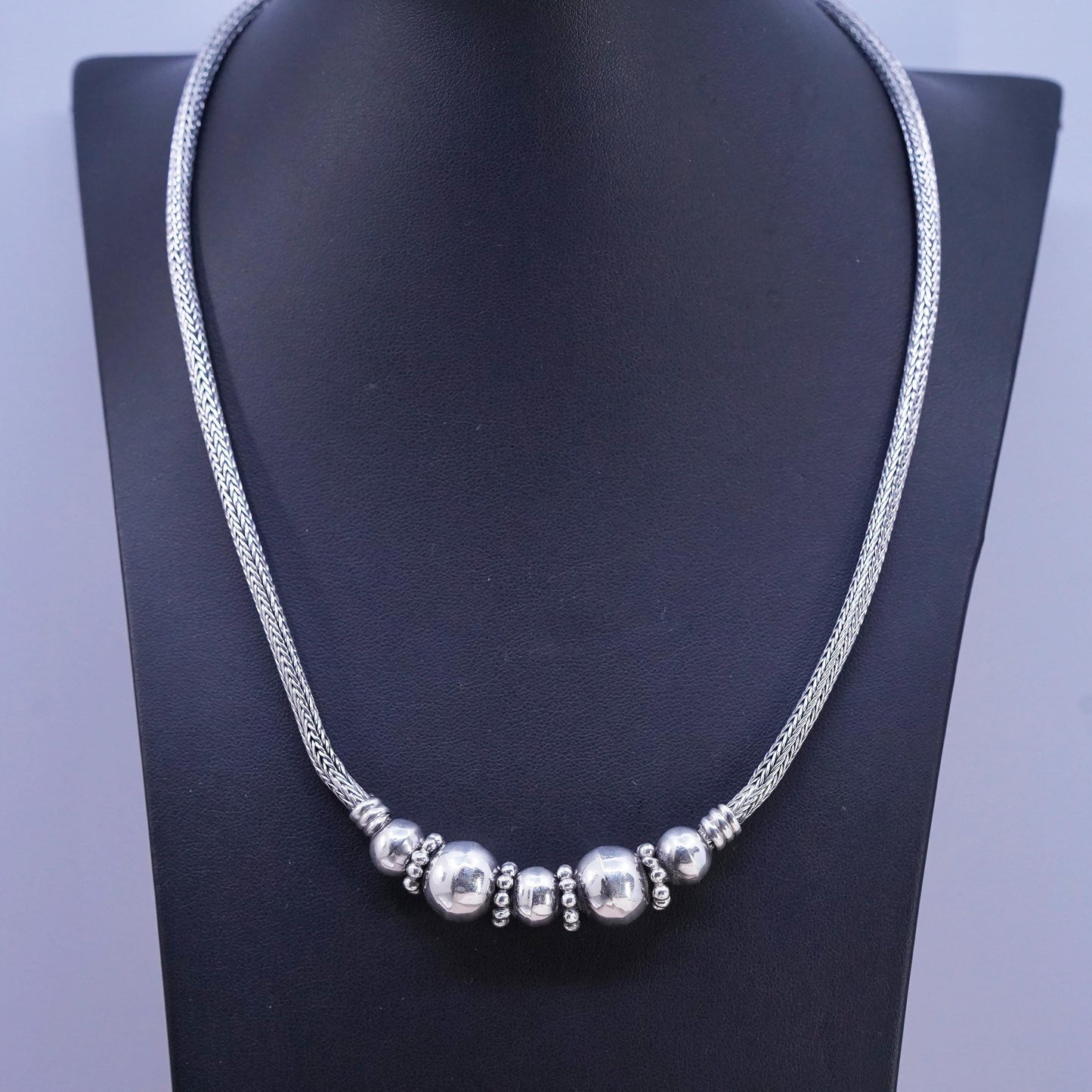 18+2" 4mm, vintage bold Sterling silver necklace, 925 wheat chain beads pendant