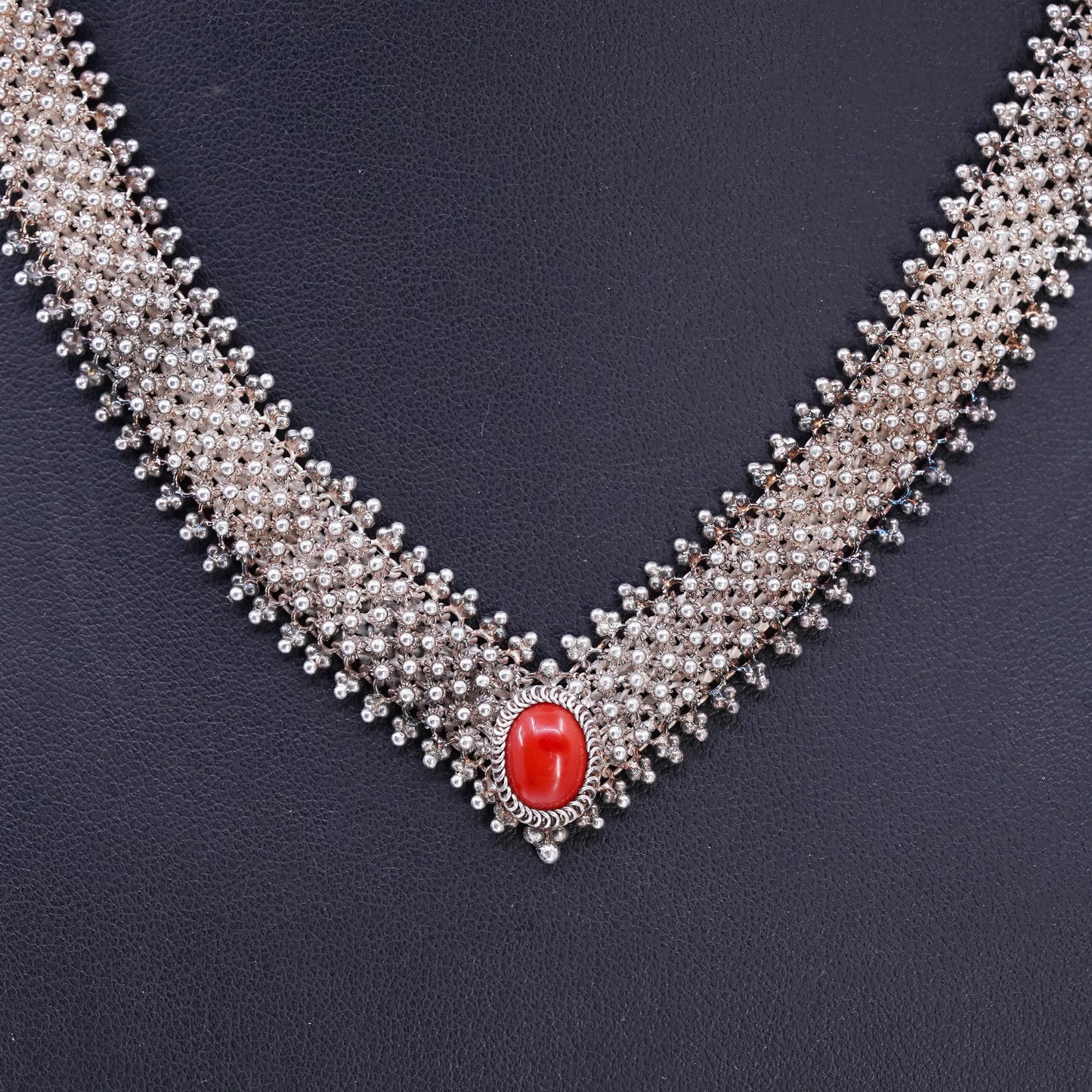 16" Italian Sterling 925 silver wide beaded chain necklace red onyx pendant