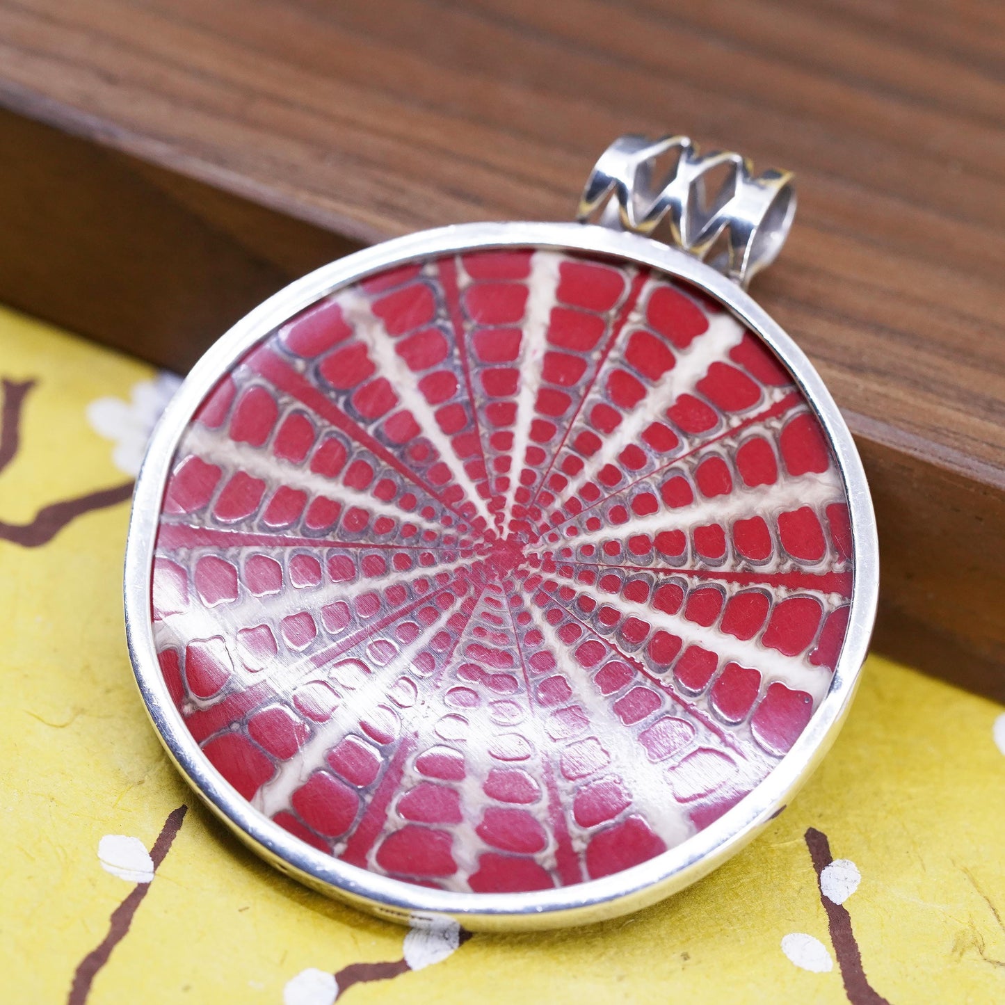 Vintage Sterling silver handmade pendant, 925 frame with red fossil shell