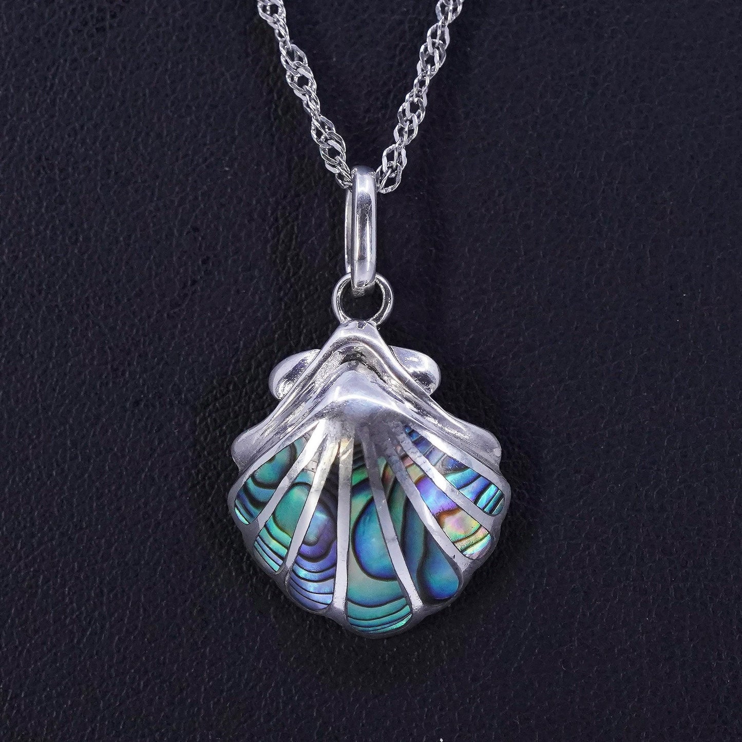 17+2” Sterling 925 silver Singapore rope chain necklace abalone shell pendant