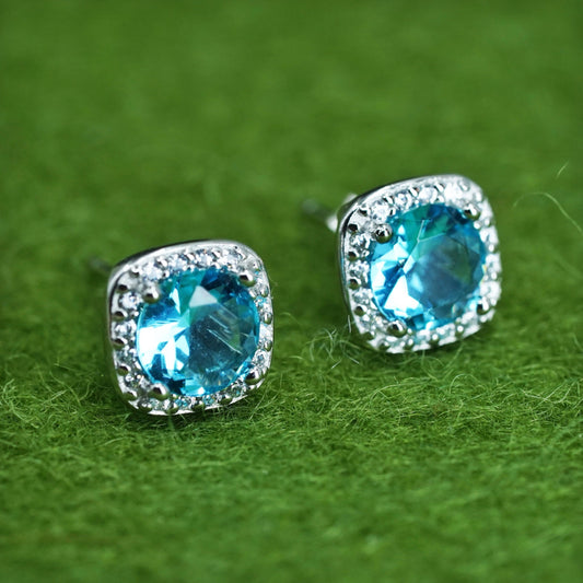 vintage sterling silver earrings w/ blue topaz and cz around, 925 silver studs