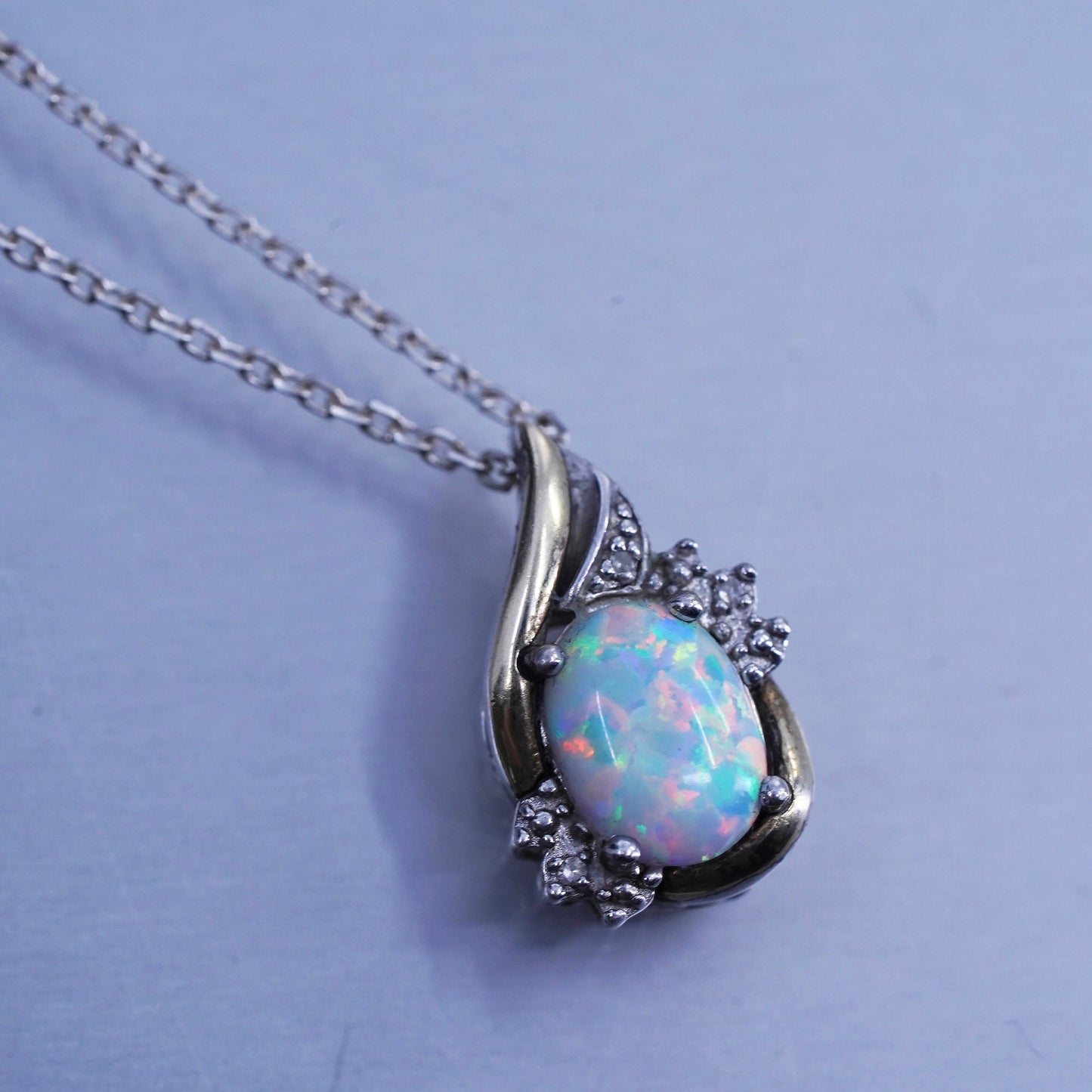 18+2”, Sterling 925 silver circle necklace opal diamond pendant 10K yellow gold