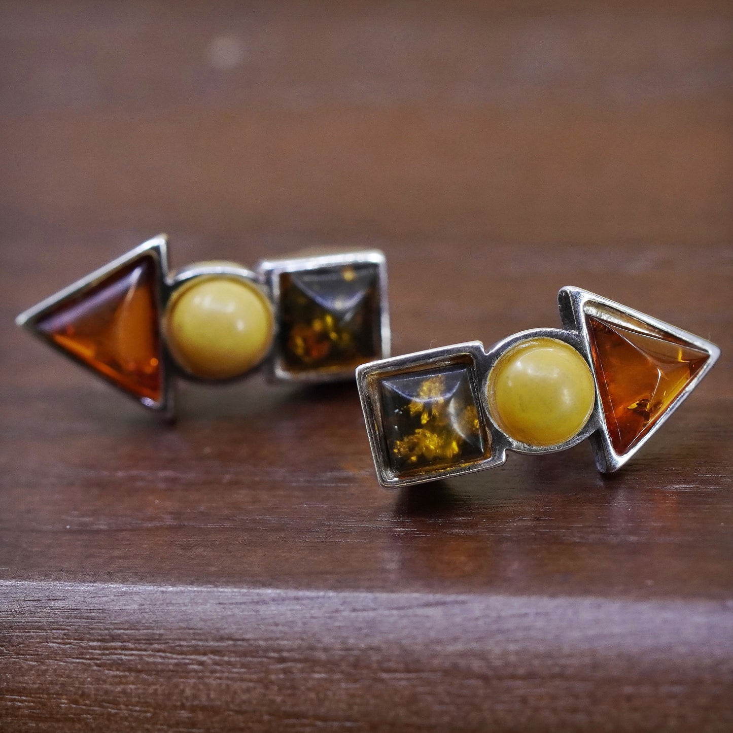 Vintage sterling 925 silver handmade studs earrings with amber inlay