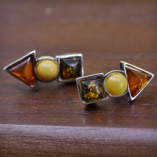 Vintage sterling 925 silver handmade studs earrings with amber inlay