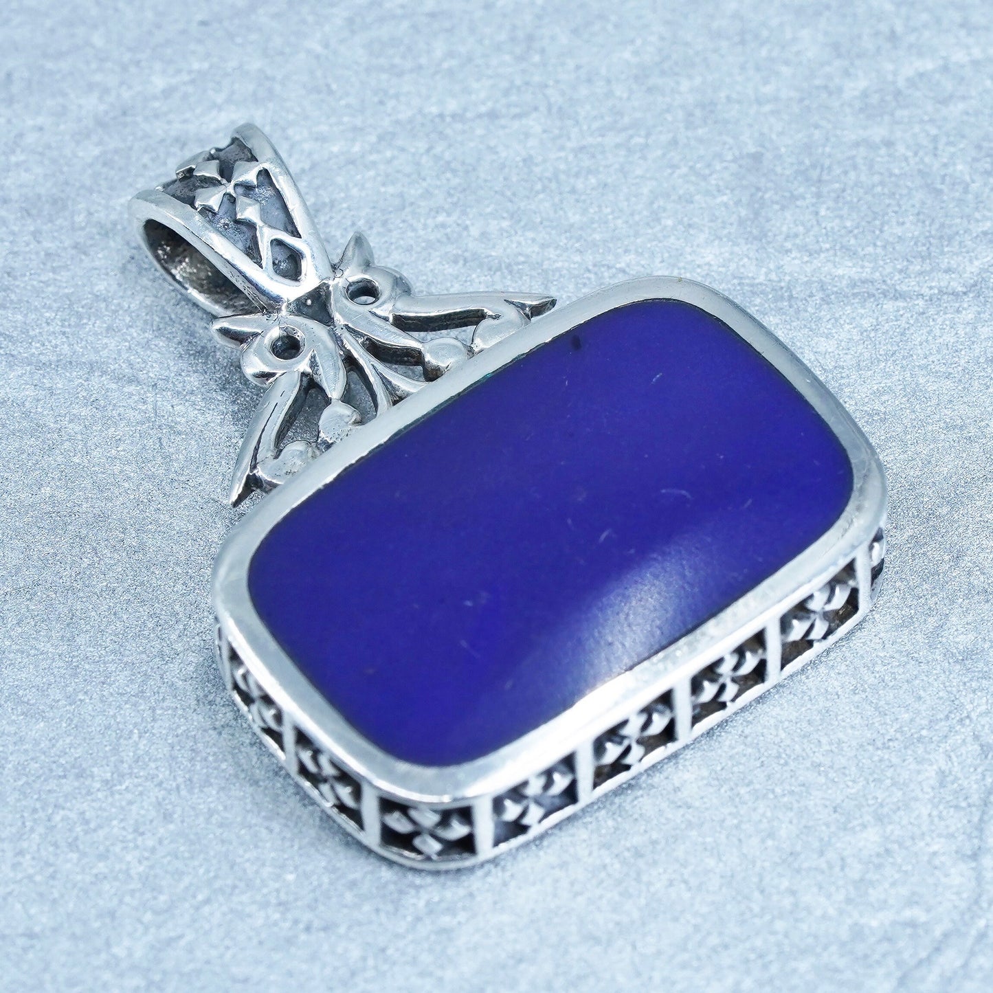 antique sterling 925 silver rectangular double sided pendant w/ turquoise inlay