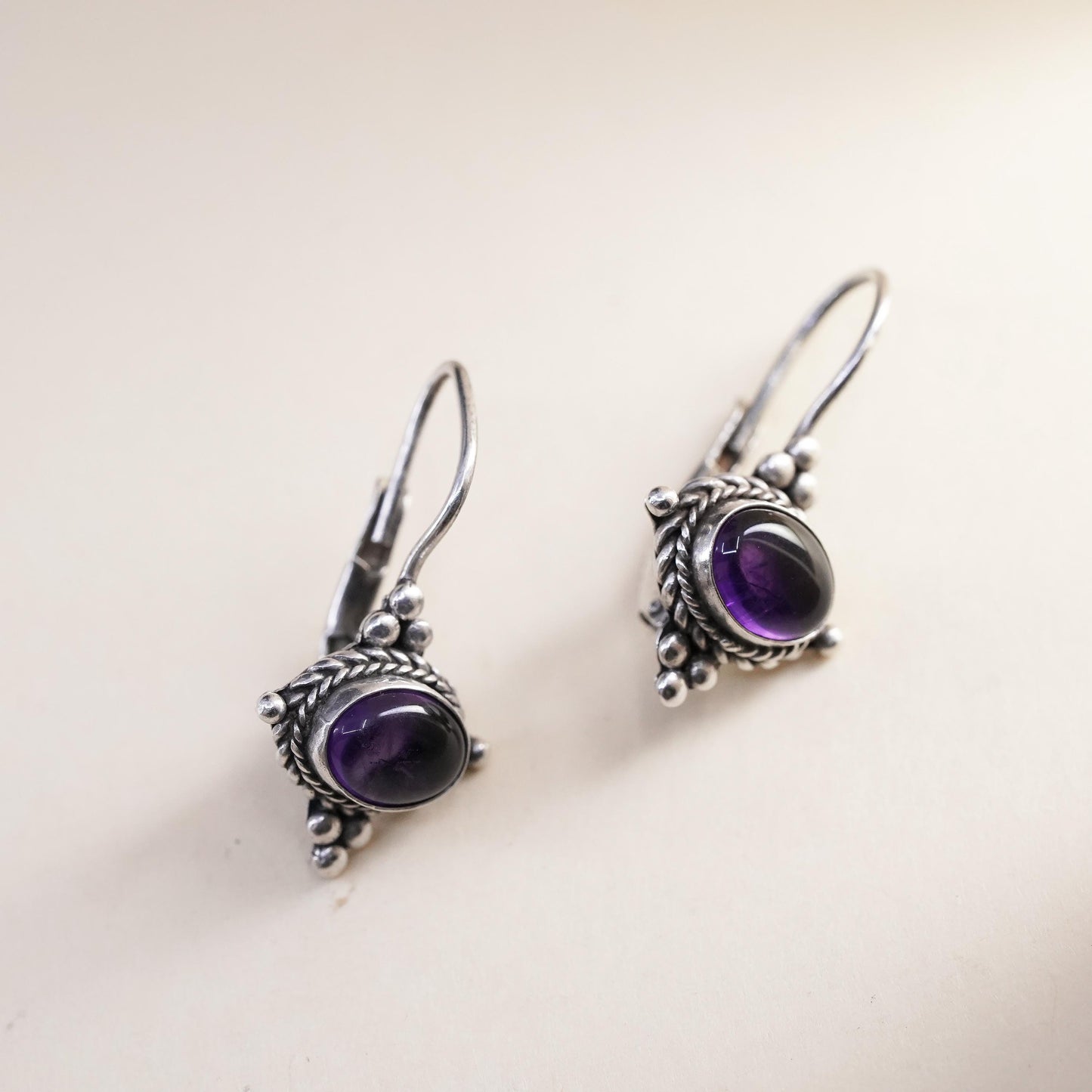 Vintage Sterling 925 silver handmade earrings with circle amethyst and beads