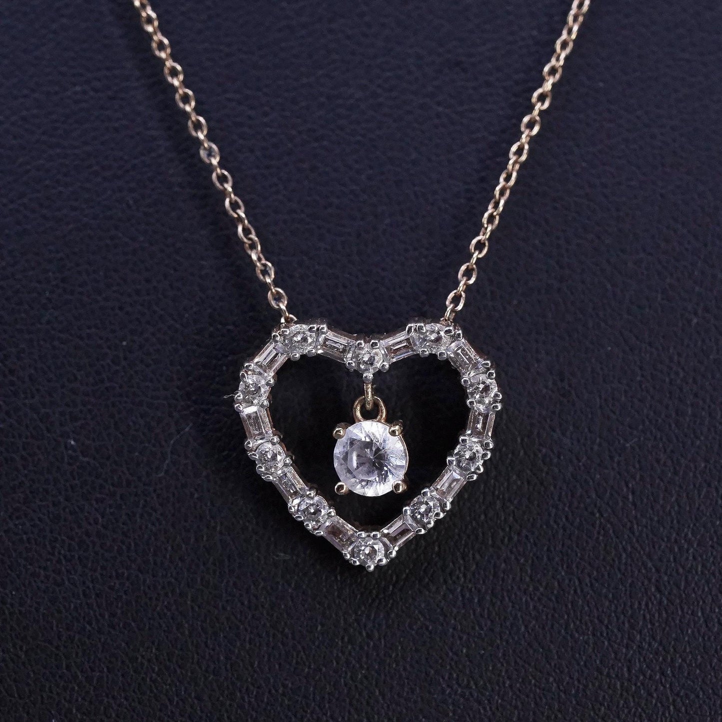 18" rose gold pleated Sterling silver necklace, 925 circle cz heart pendant