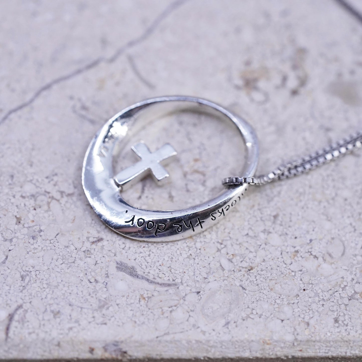 18", Vintage Sterling 925 silver box necklace oval cross pendant, prayer heaven