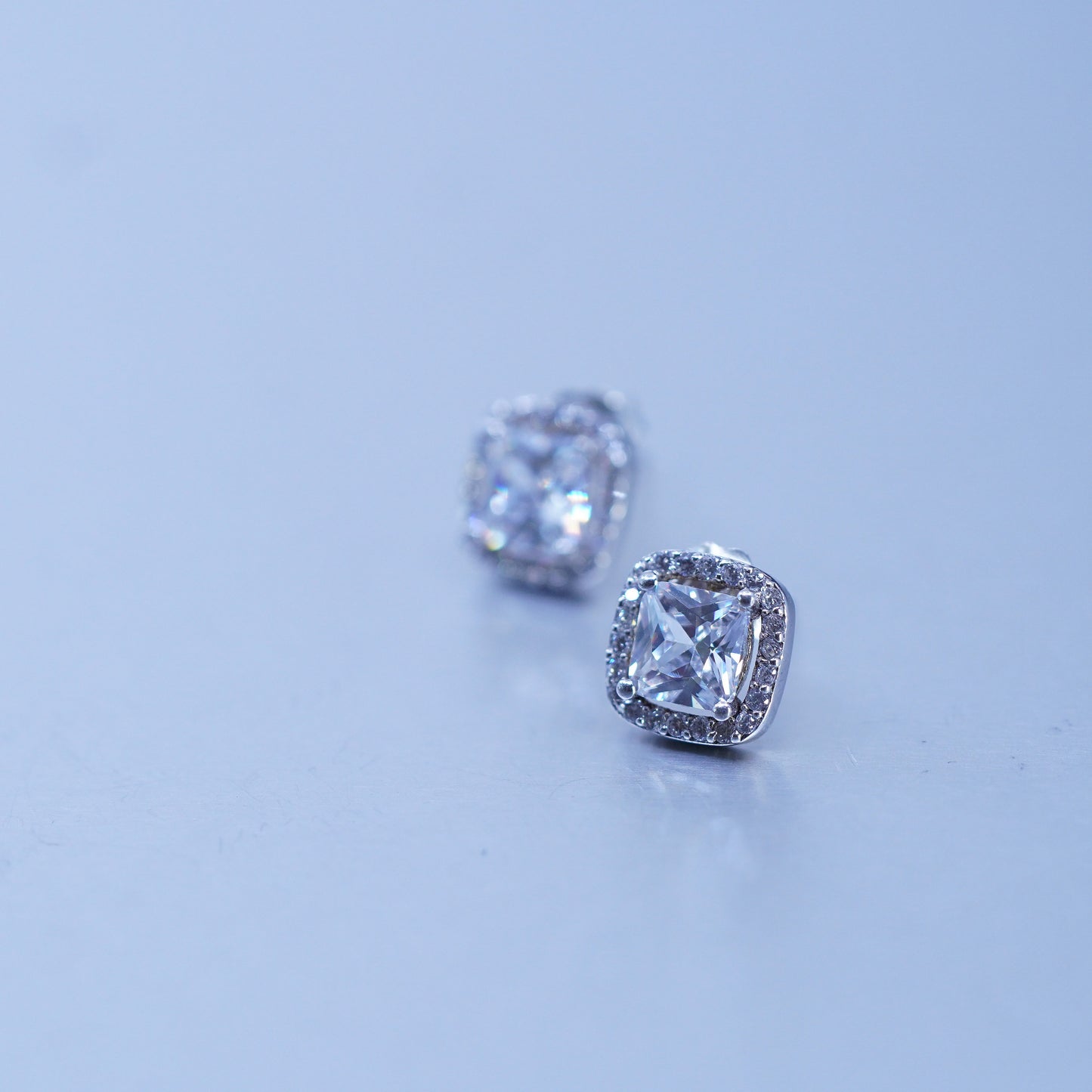 Vintage Sterling 925 silver earrings, square studs with cz inlay