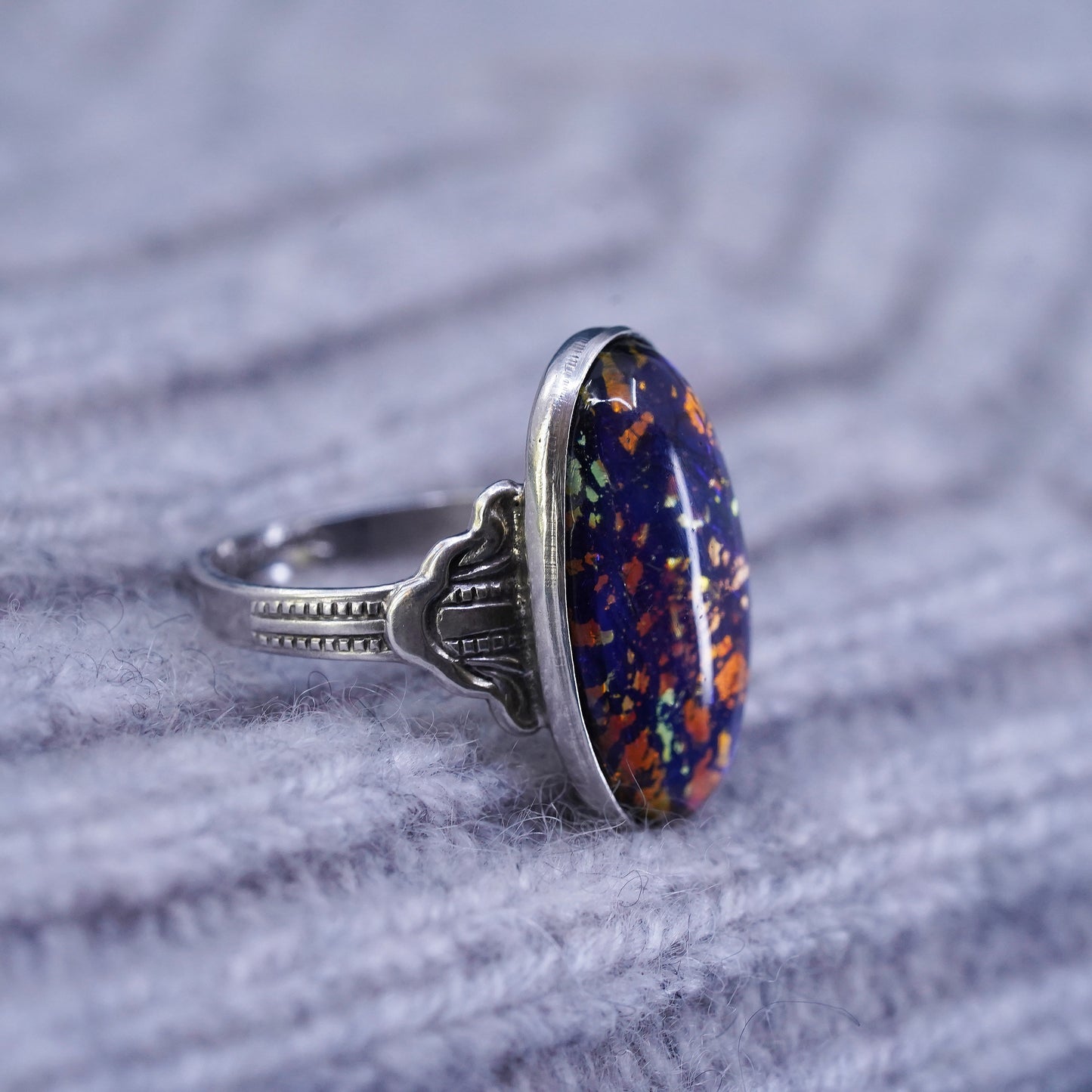 Size 3.5, Mexico Sterling 925 silver handmade ring with golden foiled glass